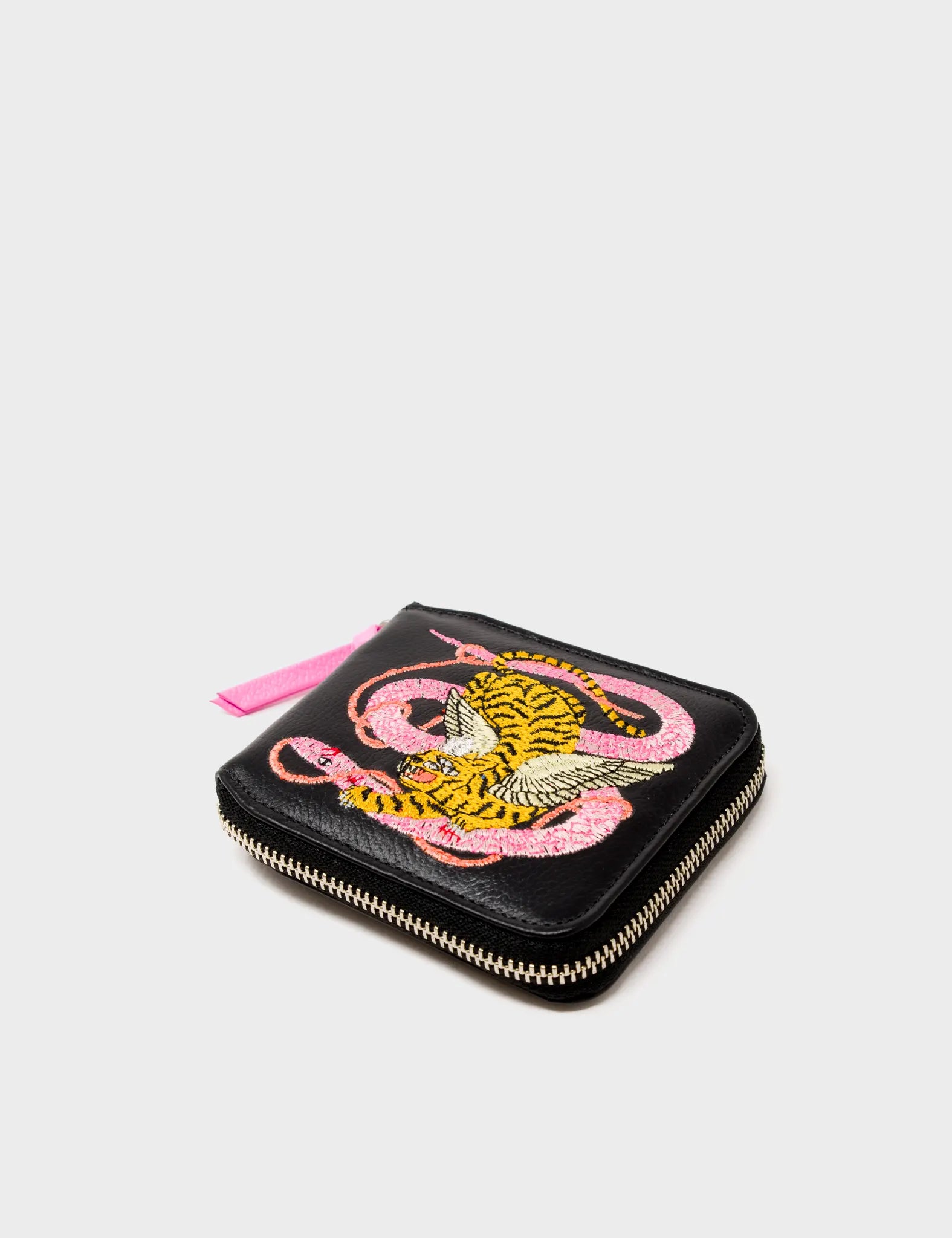 Black And Marigold Zip-around Leather Wallet - Tangle and Snake Embroidery