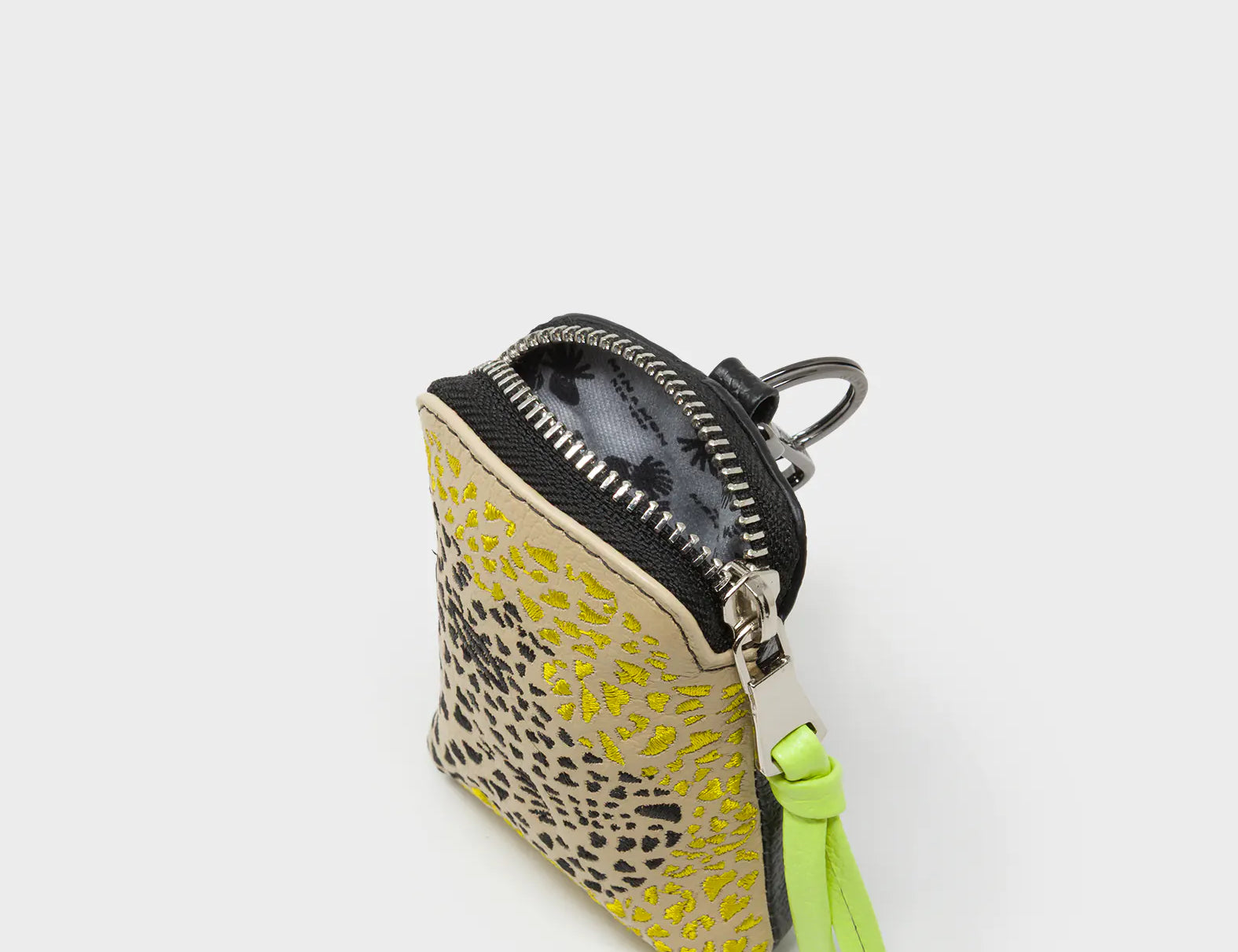 Florence Pouch Charm - Taos Taupe Leather Keychain Retro Tiger Embroidery - Open view