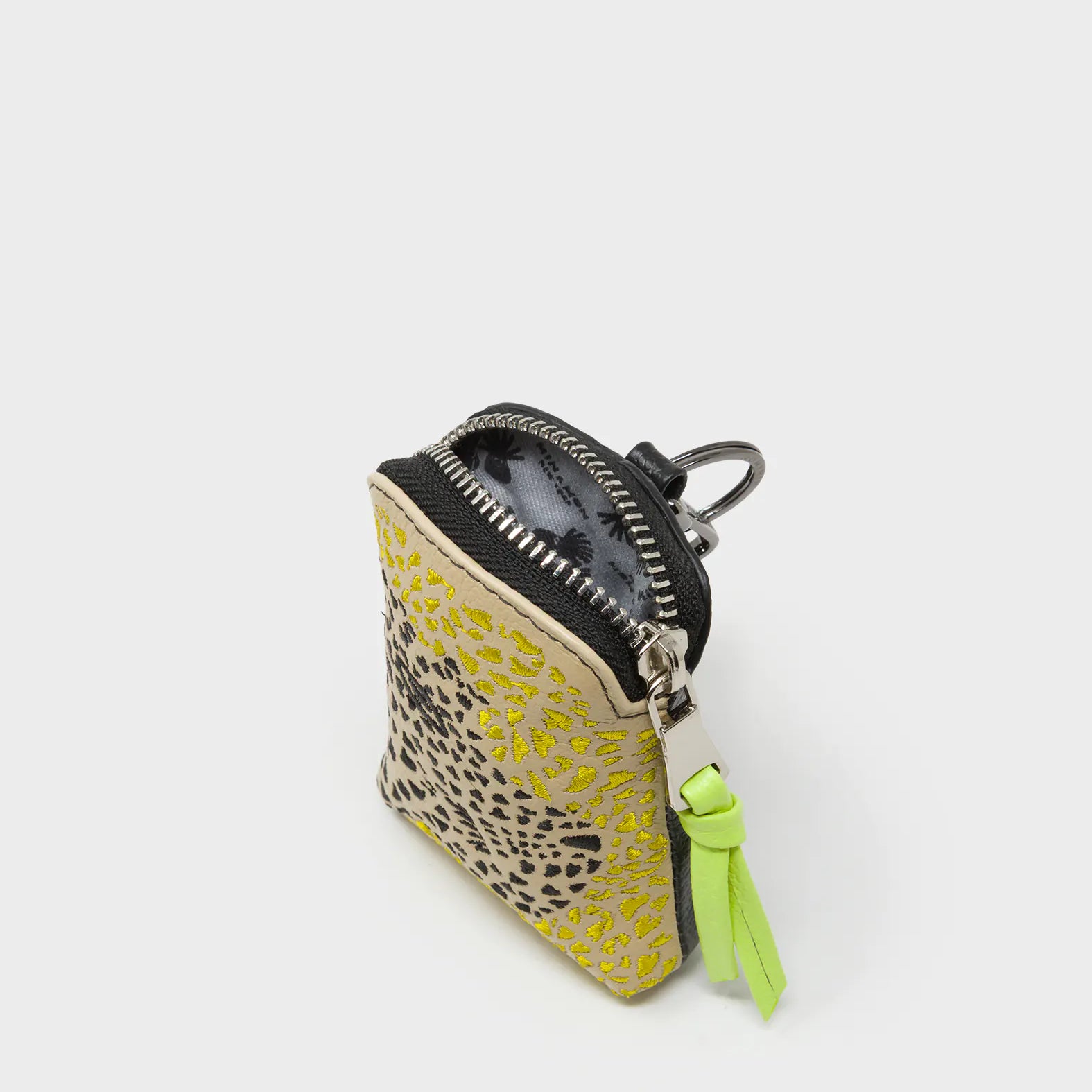 Florence Pouch Charm - Taos Taupe Leather Keychain Retro Tiger Embroidery - Open view