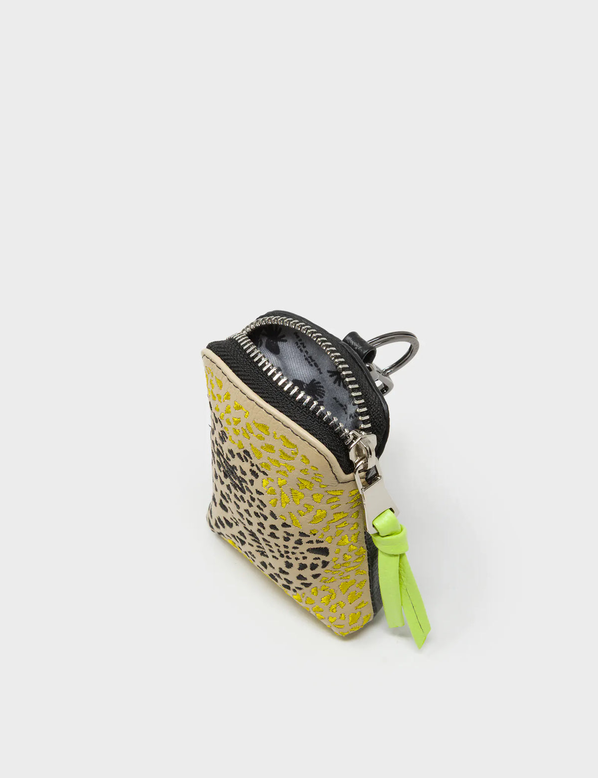 Florence Pouch Charm - Taos Taupe Leather Keychain Retro Tiger Embroidery - Open view