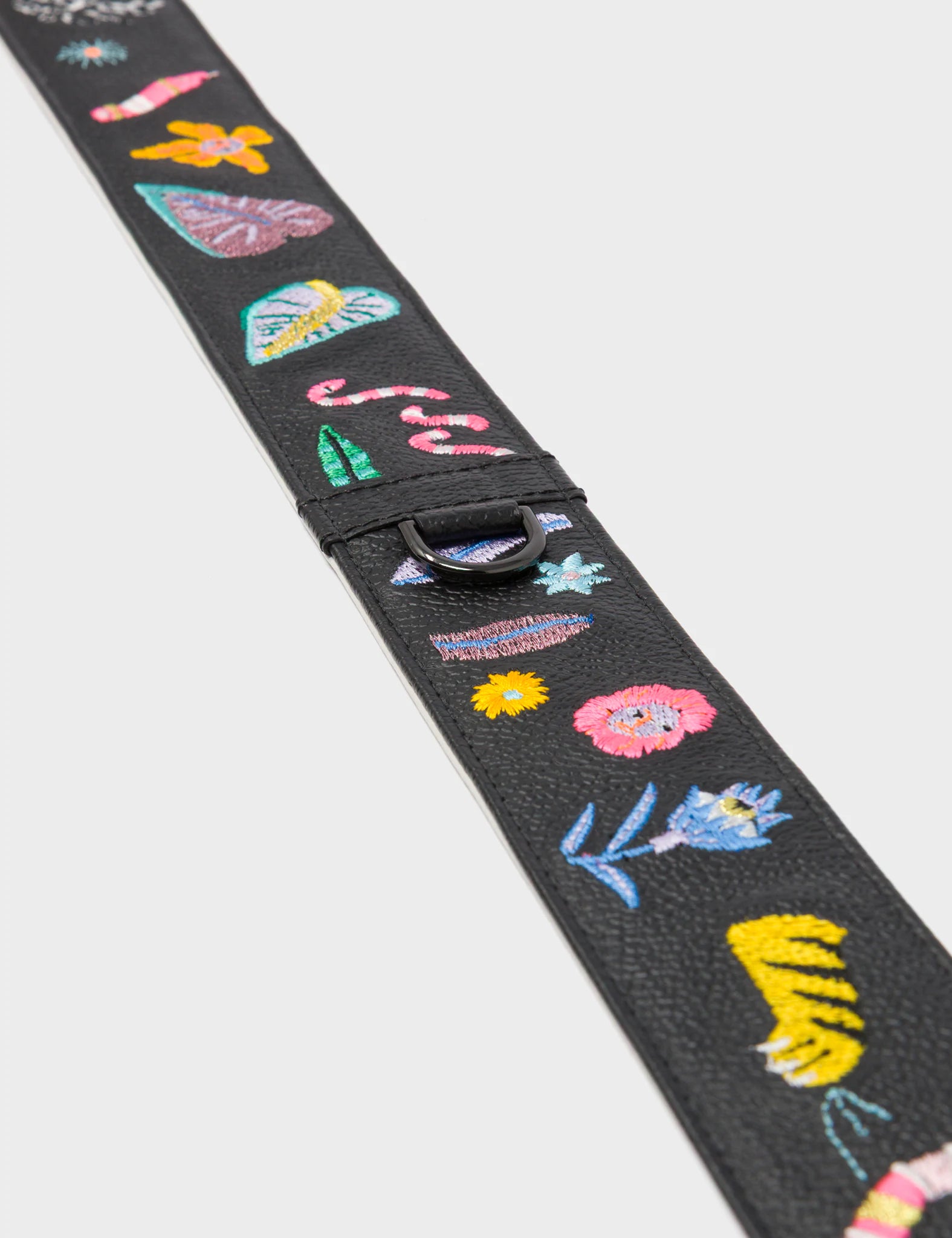 Detachable Black Leather Shoulder Strap - Autumn Blush Embroidery - Detail View