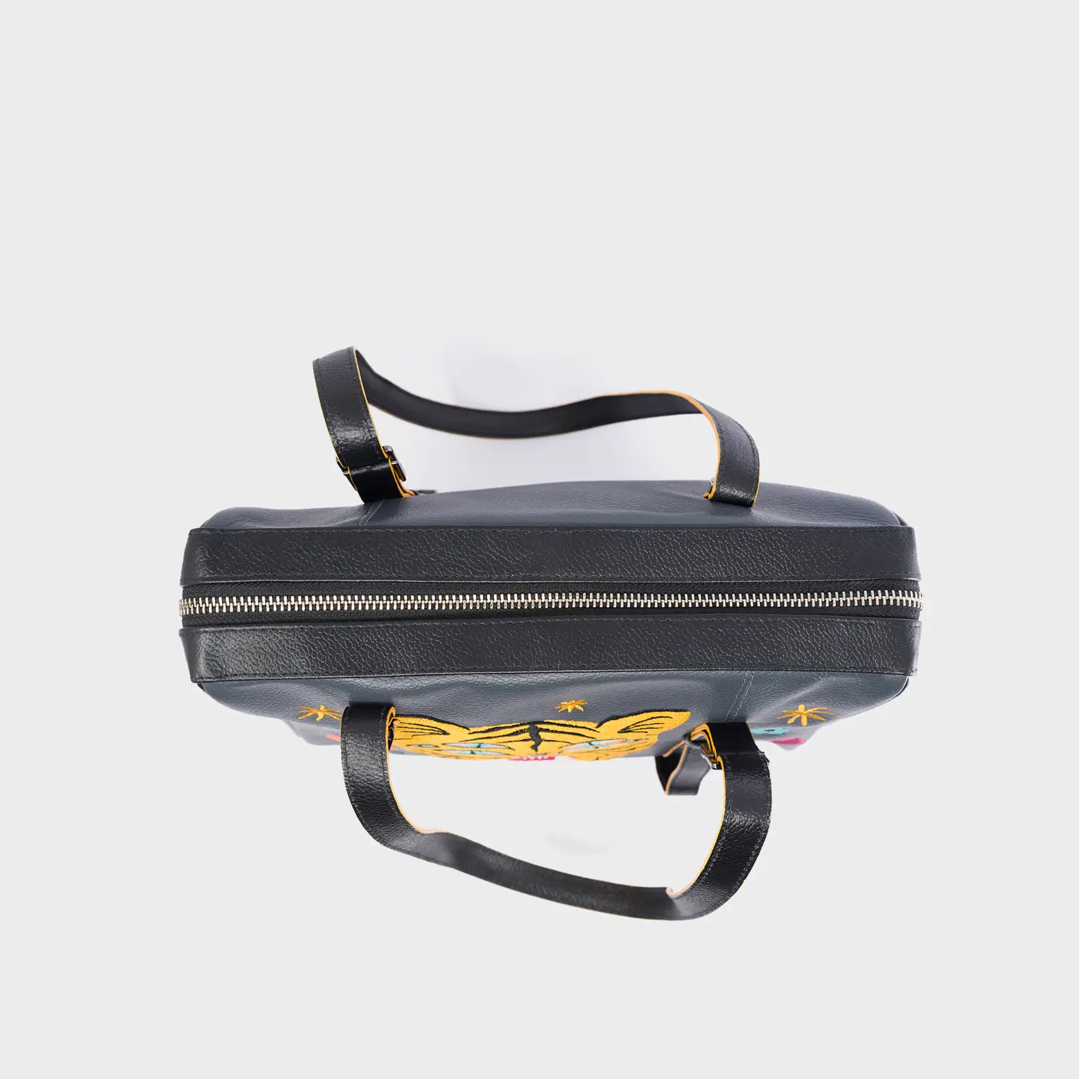 Esther Black Duffle Bag - Tiger and Flowers Embroidery - Top view