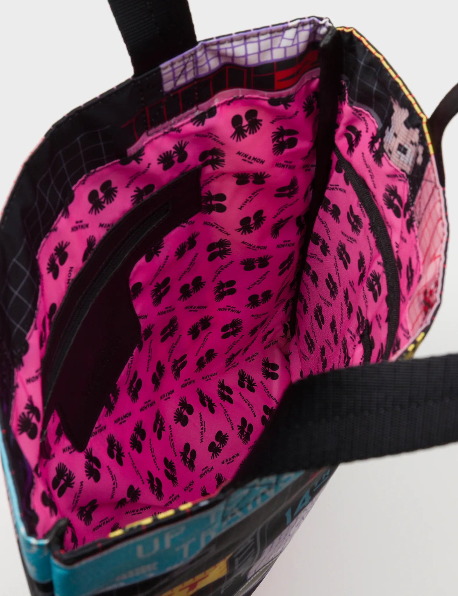 The Everyday Tote Bag - Black Cyclepet Fabric Subway Stories Print - Inside View