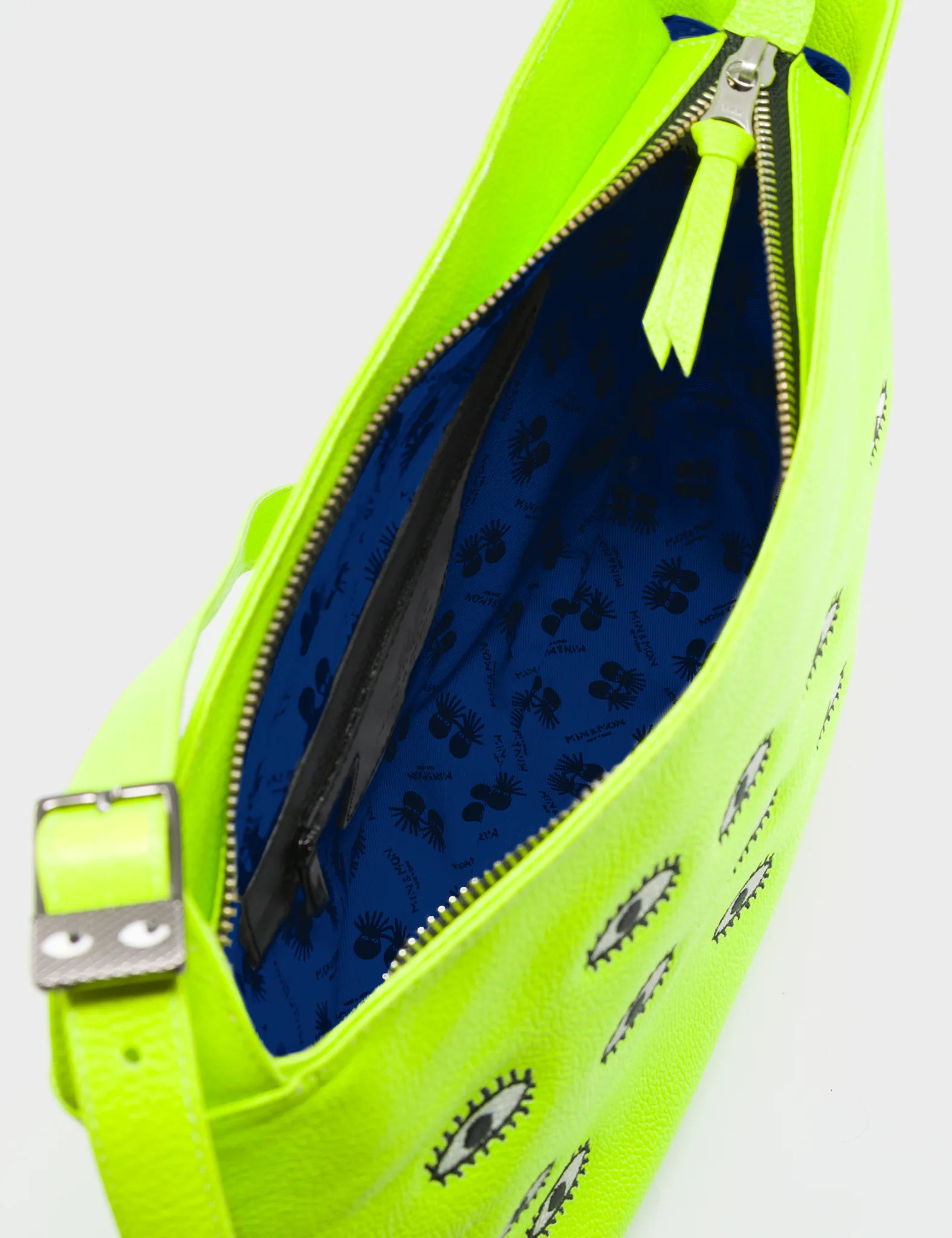 Bruno Hobo Handbag Neon Yellow Leather - All Over Eyes Embroidery - Detail View