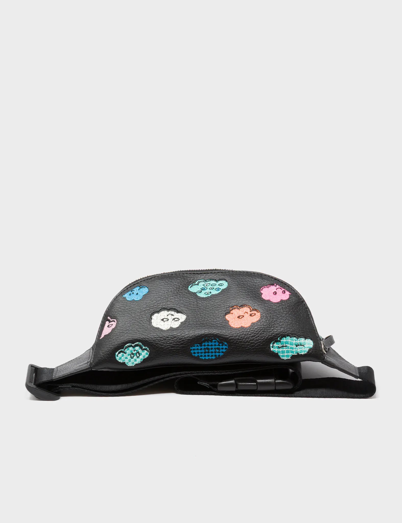 Harold Fanny Pack Black Leather - Happy Clouds Embroidery  - Top View