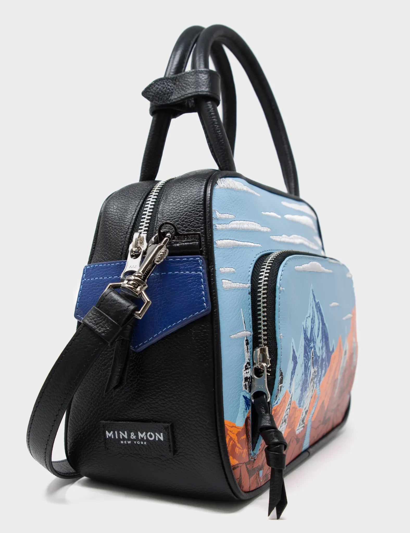 Blue Crossbody Leather Bag - Mountains, Flowers and Clouds Design - Side