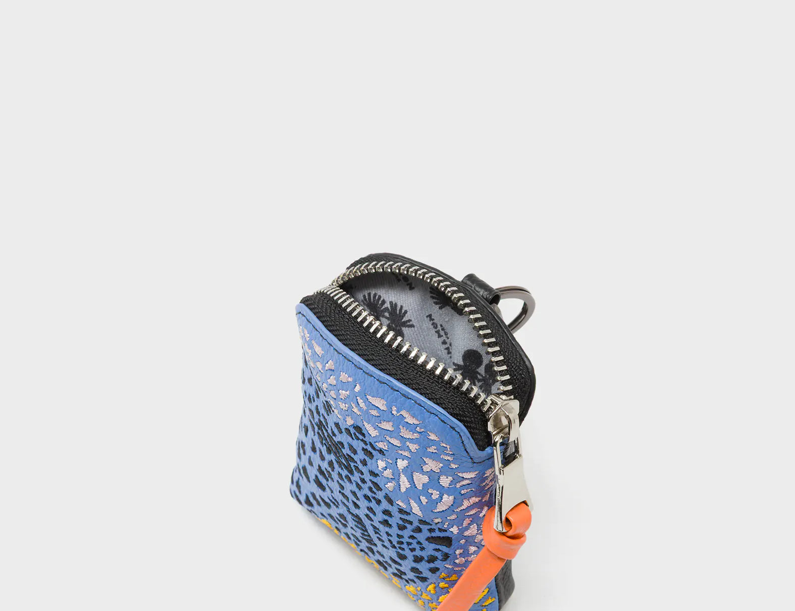 Florence Pouch Charm - Vista Blue and Black Leather Keychain Retro Tiger Embroidery - Open View