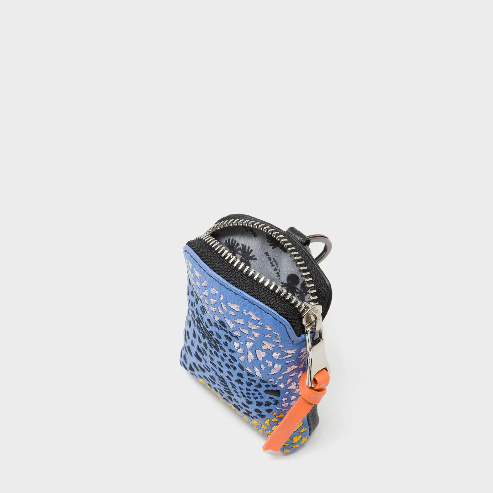 Florence Pouch Charm - Vista Blue and Black Leather Keychain Retro Tiger Embroidery - Open View