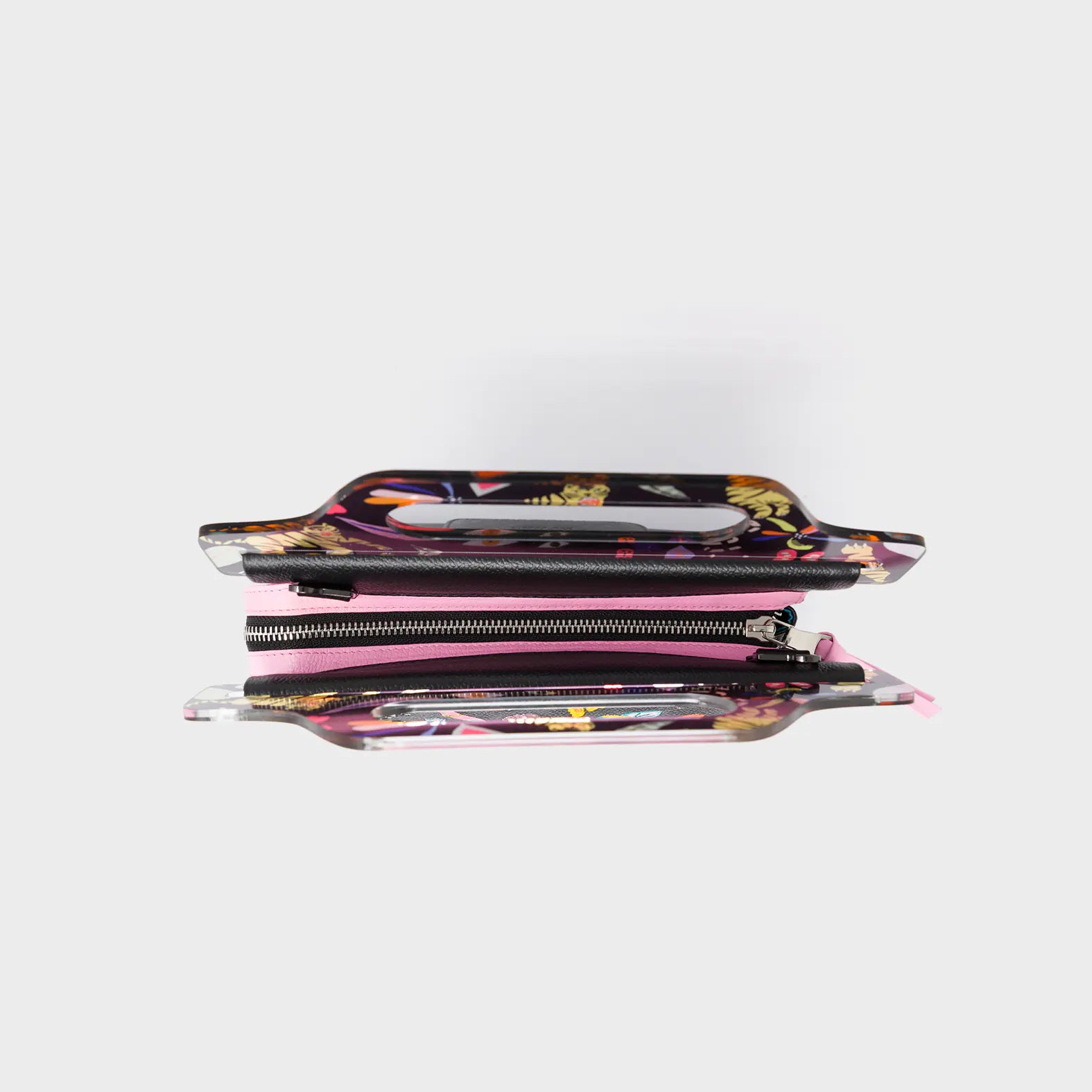 Vali Black Leather Crossbody Handbag Plastic Handle - Autumn Blush Embroidery - Top View