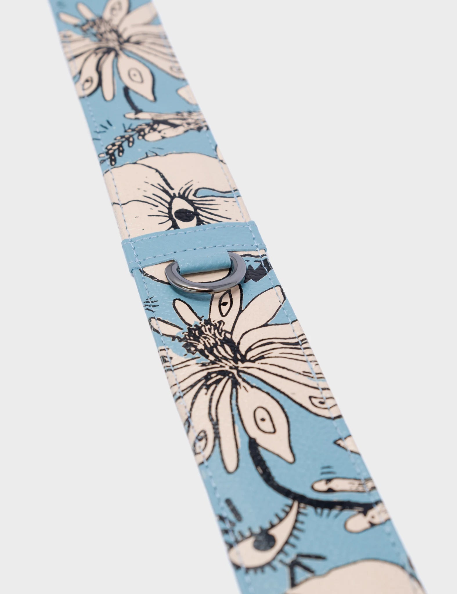 Detachable Short Cameo Blue Leather Shoulder Strap - Floral Print - Detail 