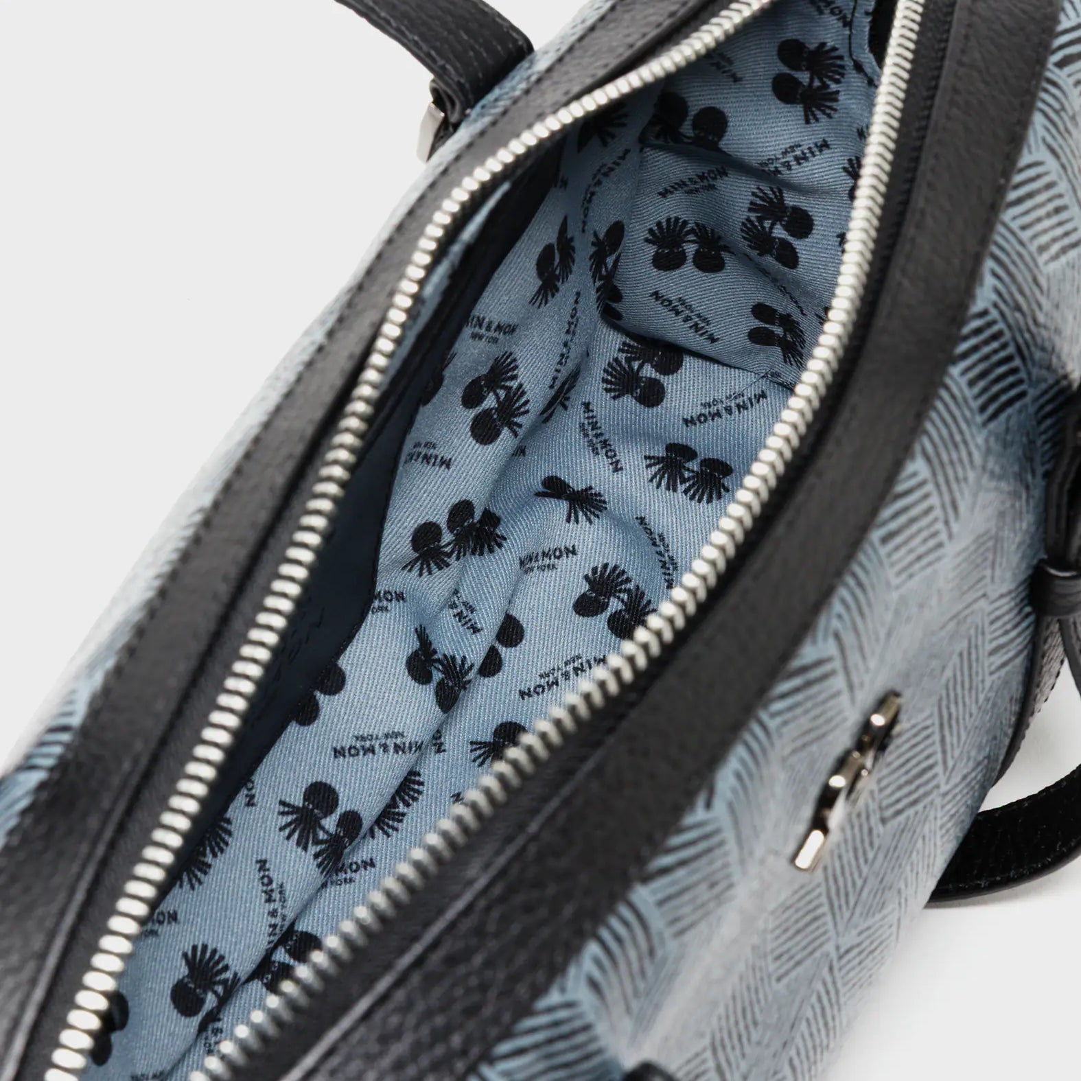 Esther Black Satchel Mini Bag - All Over Eyes Embroidery and Cubes Print - Inside View