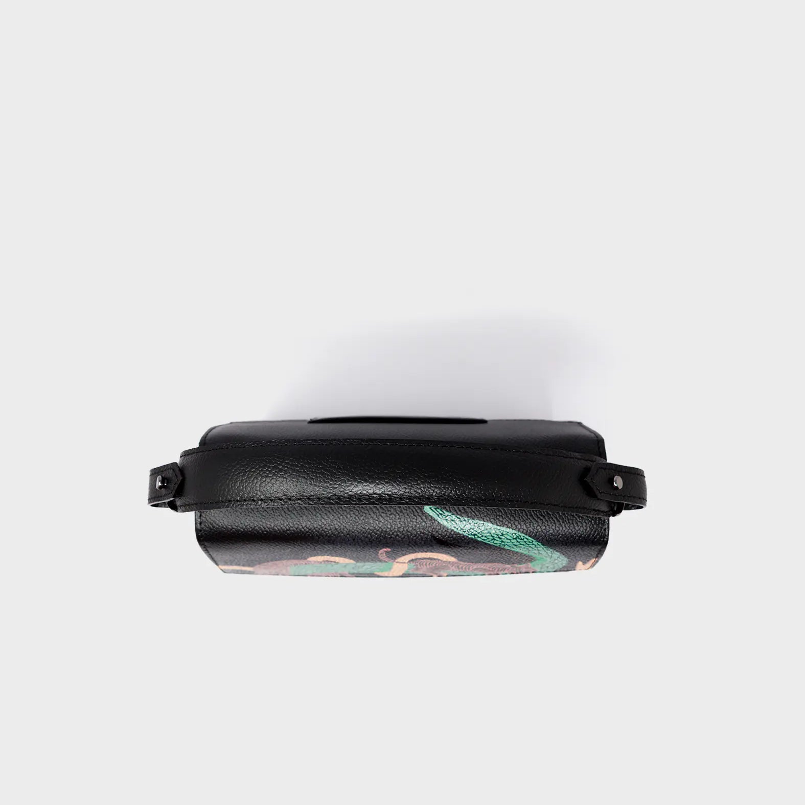 Anastasio Mini Crossbody Handbag Black Leather - Tiger and Snake Print - Top View