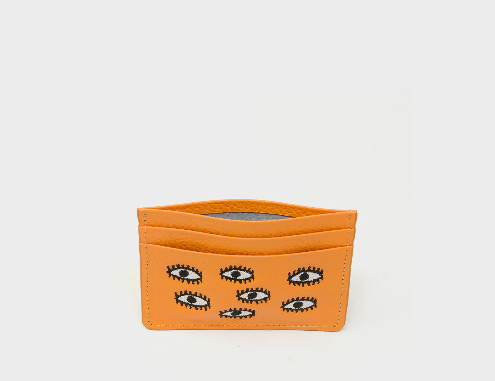 Filium Flamingo Orange Leather Cardholder - All Over Eyes Embroidery - Open
