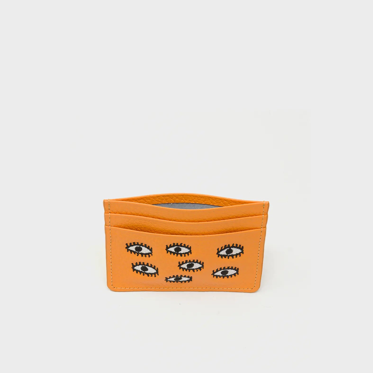 Filium Flamingo Orange Leather Cardholder - All Over Eyes Embroidery - Open