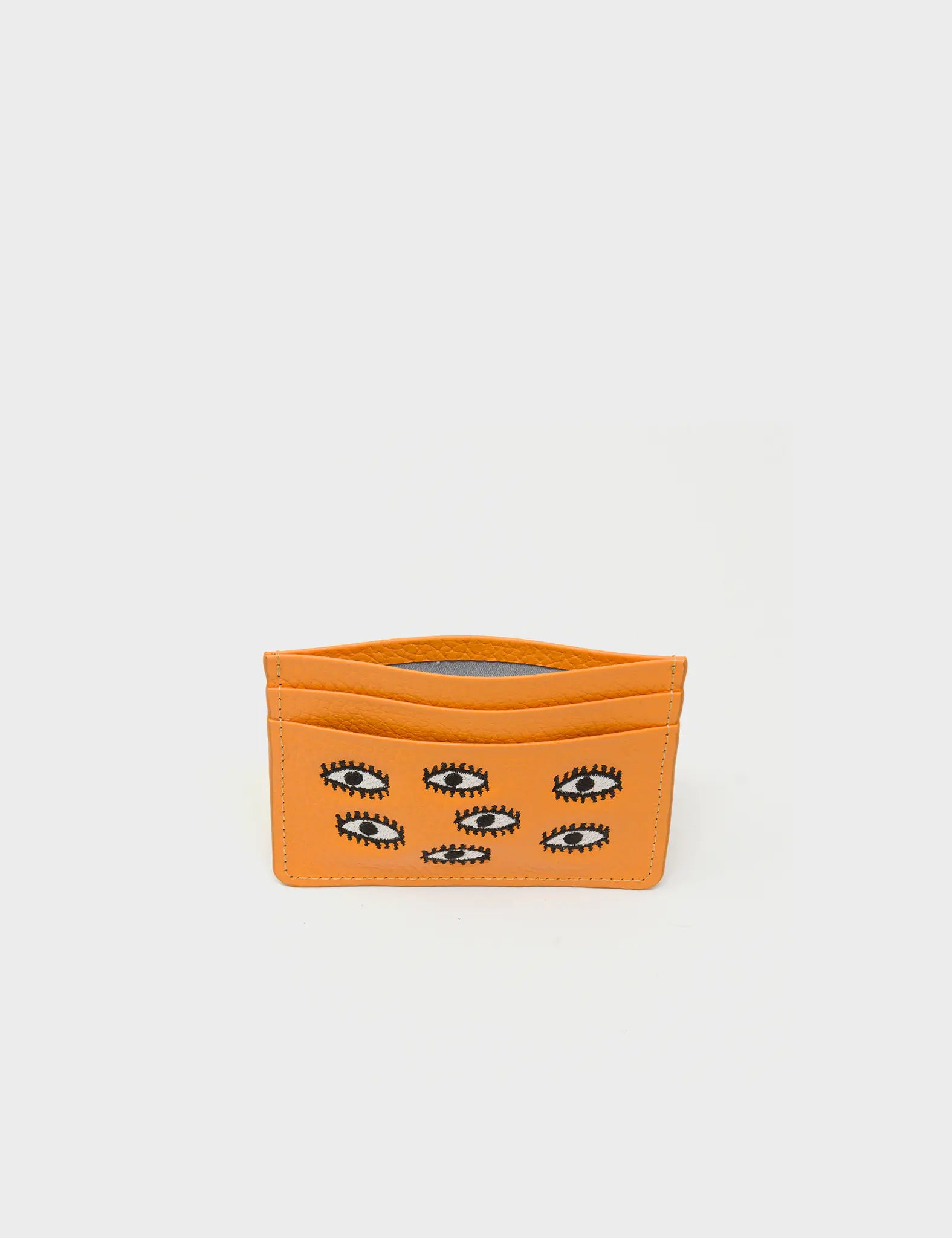 Filium Flamingo Orange Leather Cardholder - All Over Eyes Embroidery - Open