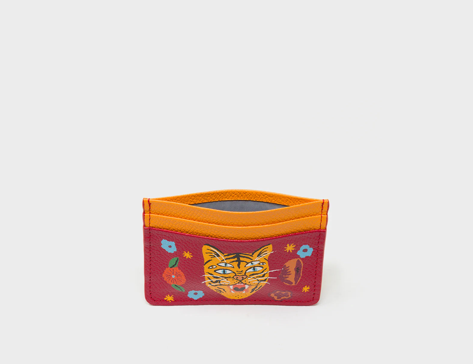Filium Jester Red and Flamingo Orange Leather Cardholder - Happy Tiger Print - Inside View