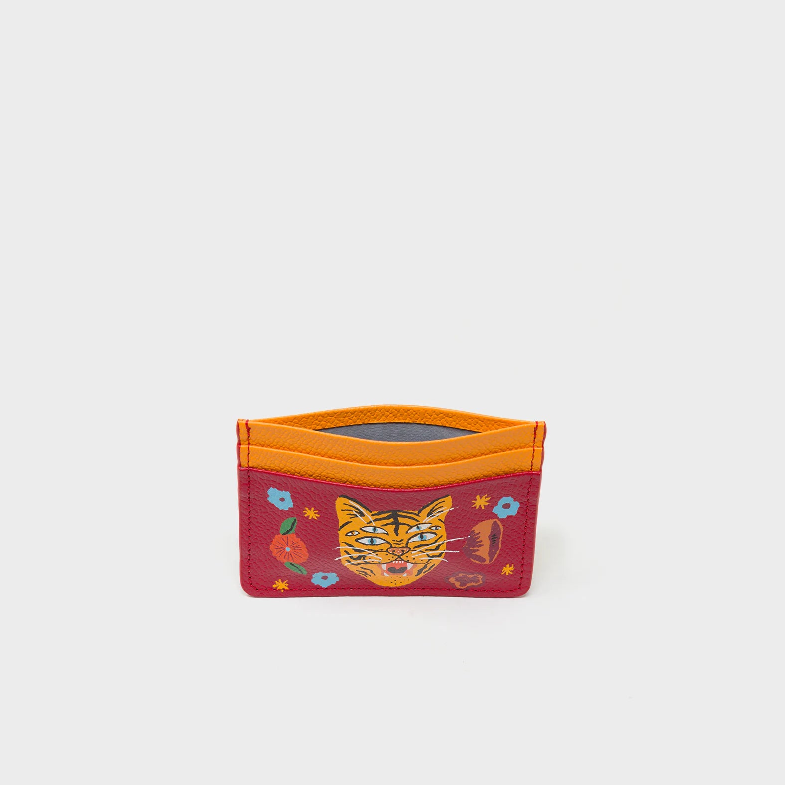 Filium Jester Red and Flamingo Orange Leather Cardholder - Happy Tiger Print - Inside View