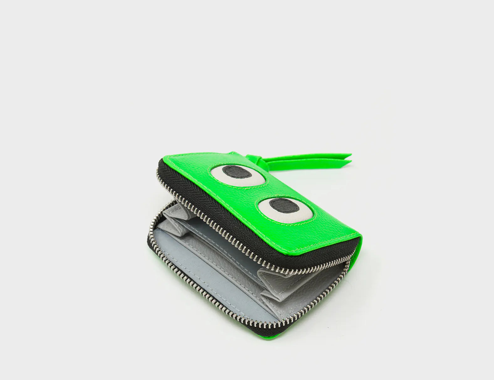 Frodo Neon Green Leather Zip Around Wallet - Eyes Engraved - Open
