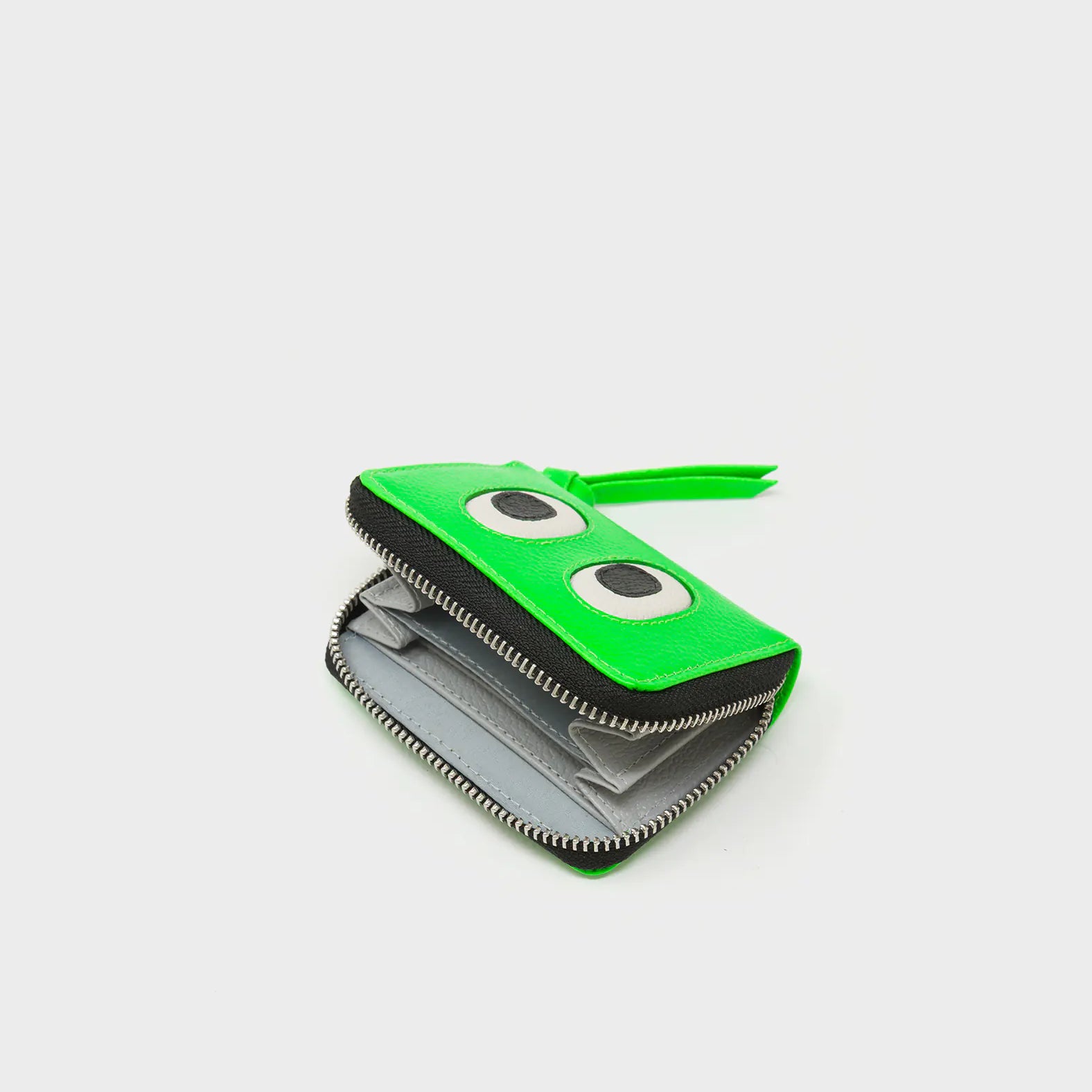 Frodo Neon Green Leather Zip Around Wallet - Eyes Engraved - Open
