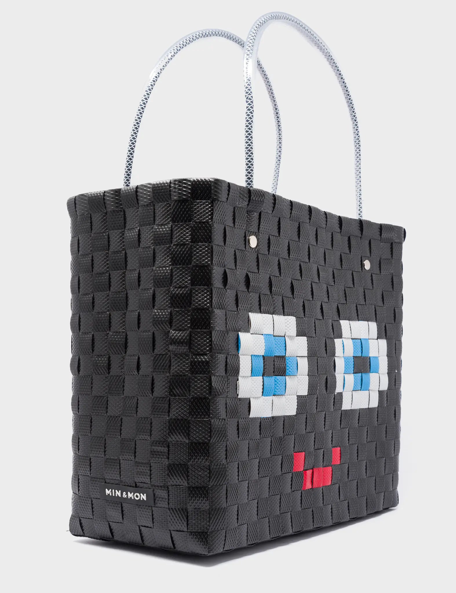 Medium Black Handwoven Market Bag - Happy Face Design - Side View