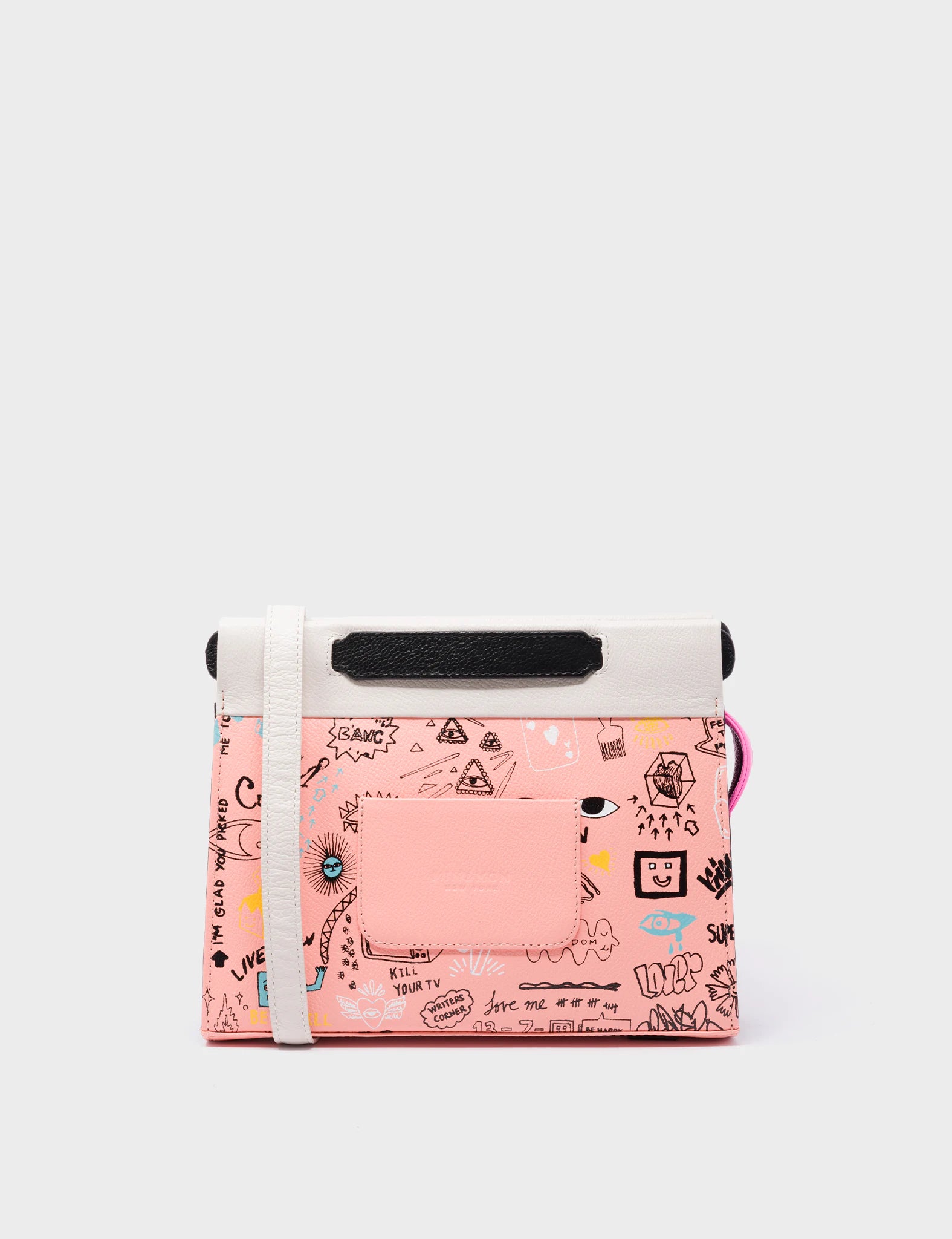Vali Crossbody Small Rosa Leather Bag - Urban Doodles Print and Eyes Applique - Back View