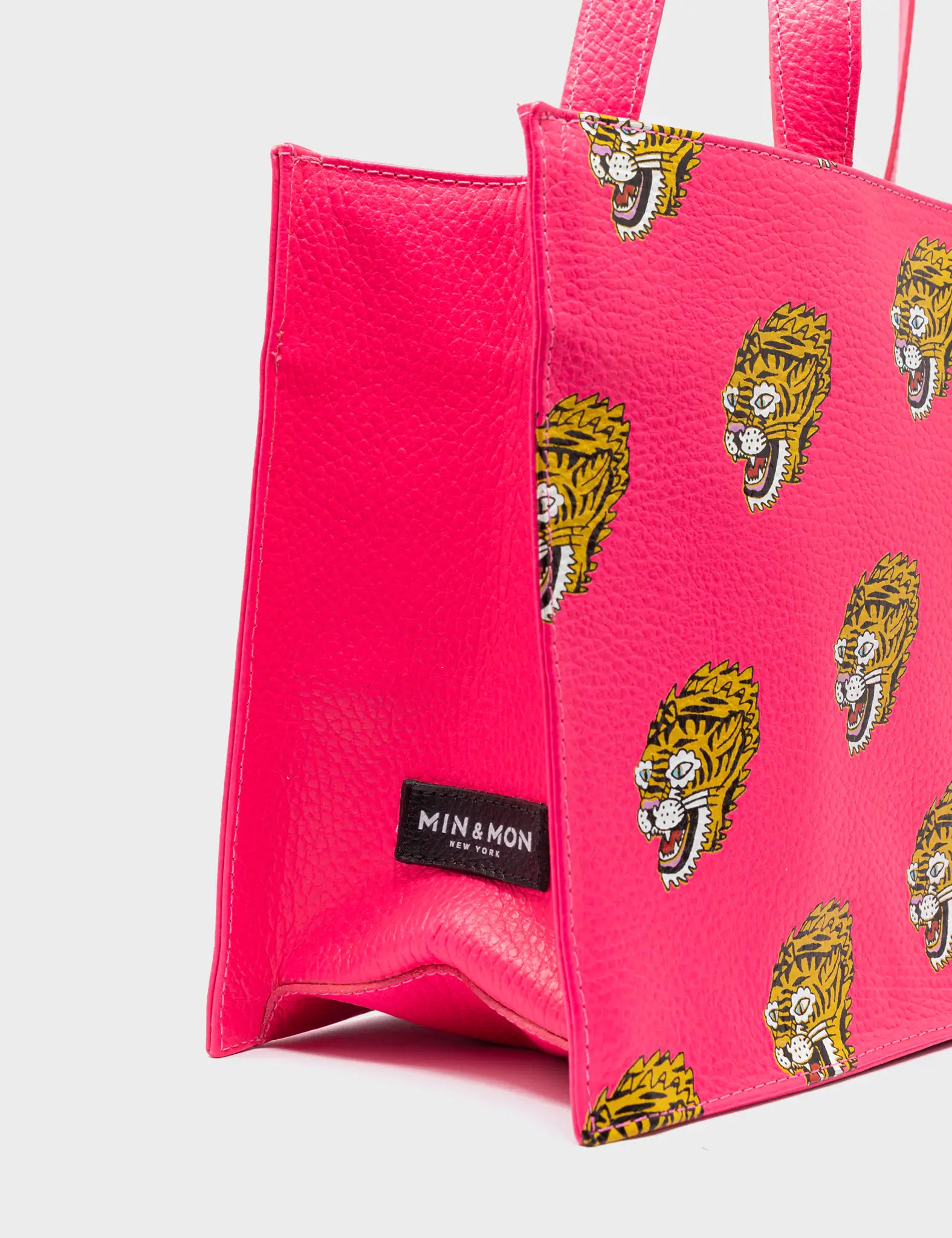 Marko Small Neon Pink Leather Tote Bag - Blazing Tiger Print - Side Corner View