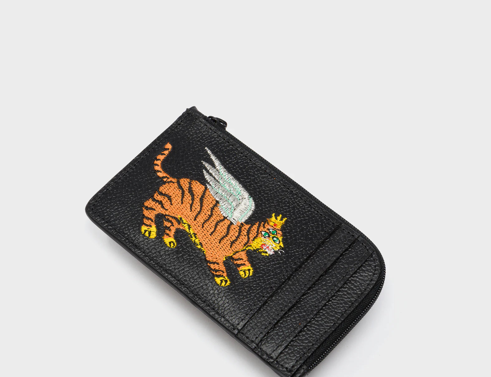 Fausto Black Leather Zip-around Cardholder - Flying Tiger Embroidery -Side View