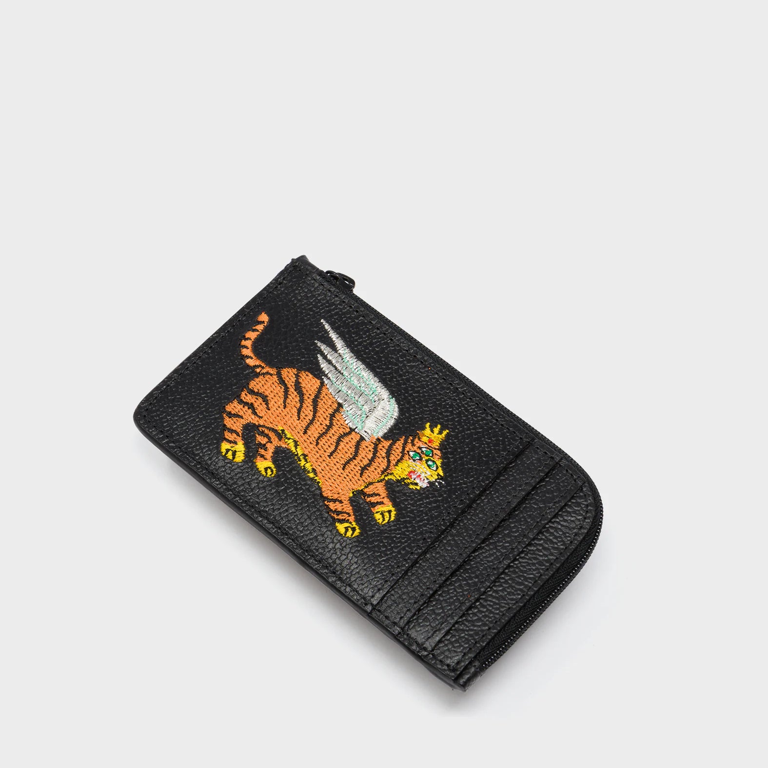Fausto Black Leather Zip-around Cardholder - Flying Tiger Embroidery -Side View
