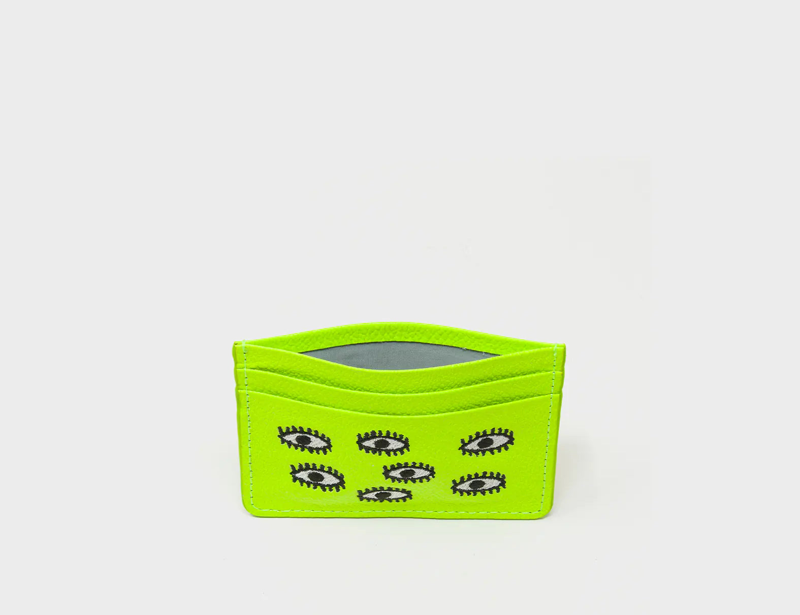 Filium Neon Lime Leather Cardholder - All Over Eyes Embroidery - Open view