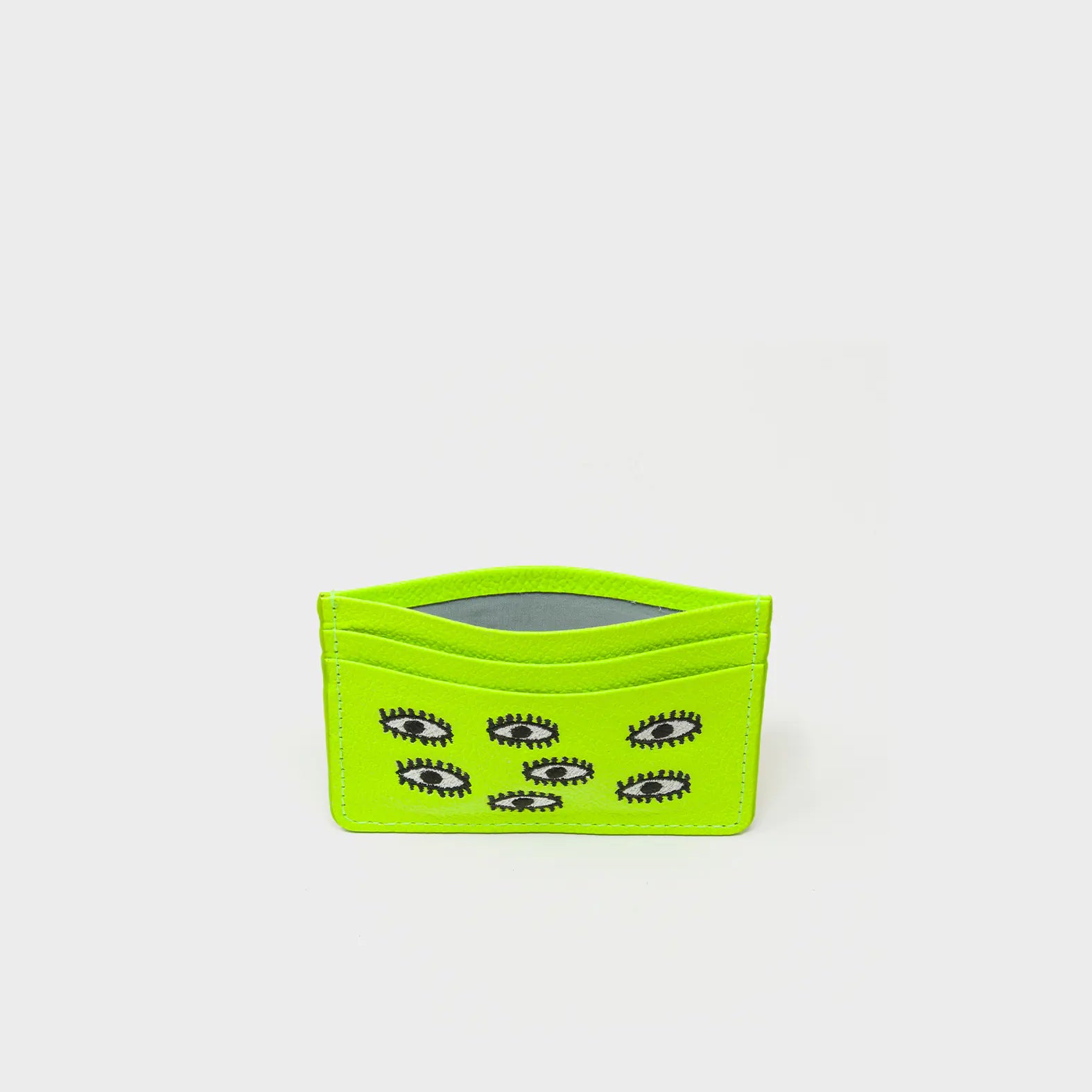 Filium Neon Lime Leather Cardholder - All Over Eyes Embroidery - Open view