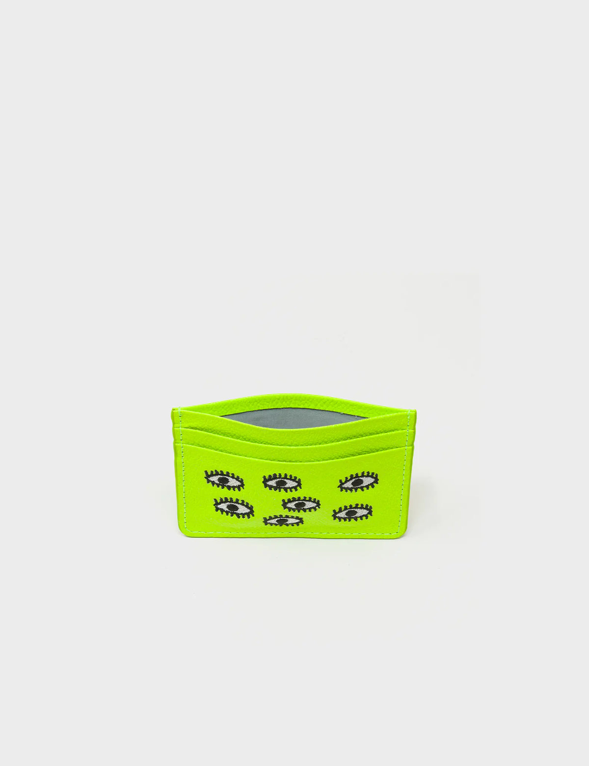Filium Neon Lime Leather Cardholder - All Over Eyes Embroidery - Open view