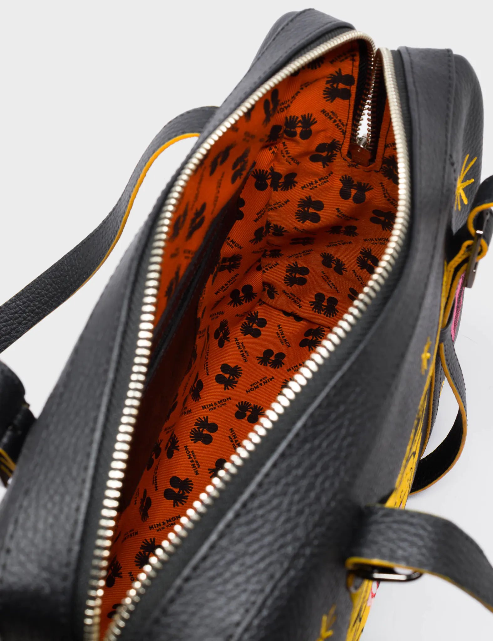 Esther Black Satchel Bag - Tiger and Flowers Embroidery - Detail View