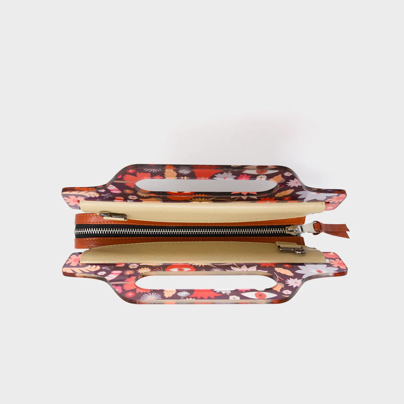 Vali Taupe Leather Crossbody Handbag Plastic Handle - Creatures of the Future Print - Top