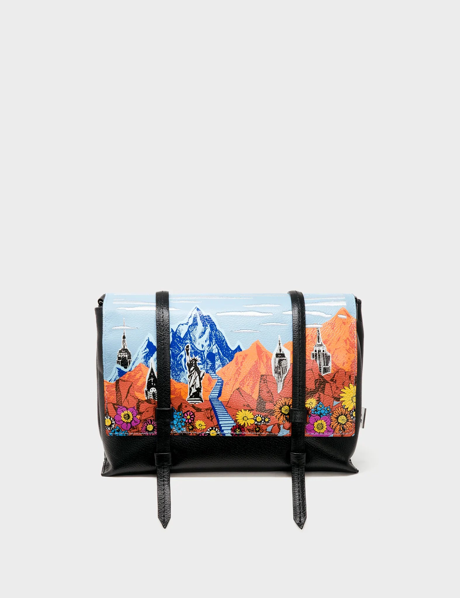Reversible Small Messenger Bag Black Leather - Utopian Landscape - Front Side A 