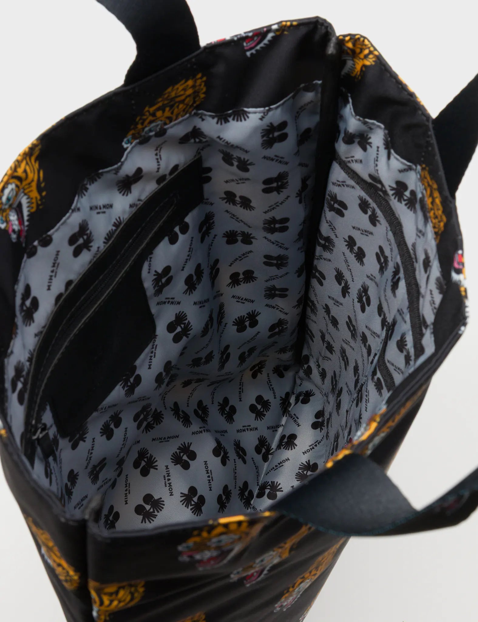 The Everyday Tote Bag - Black Cyclepet Fabric Blazing Tiger Print - Inside View