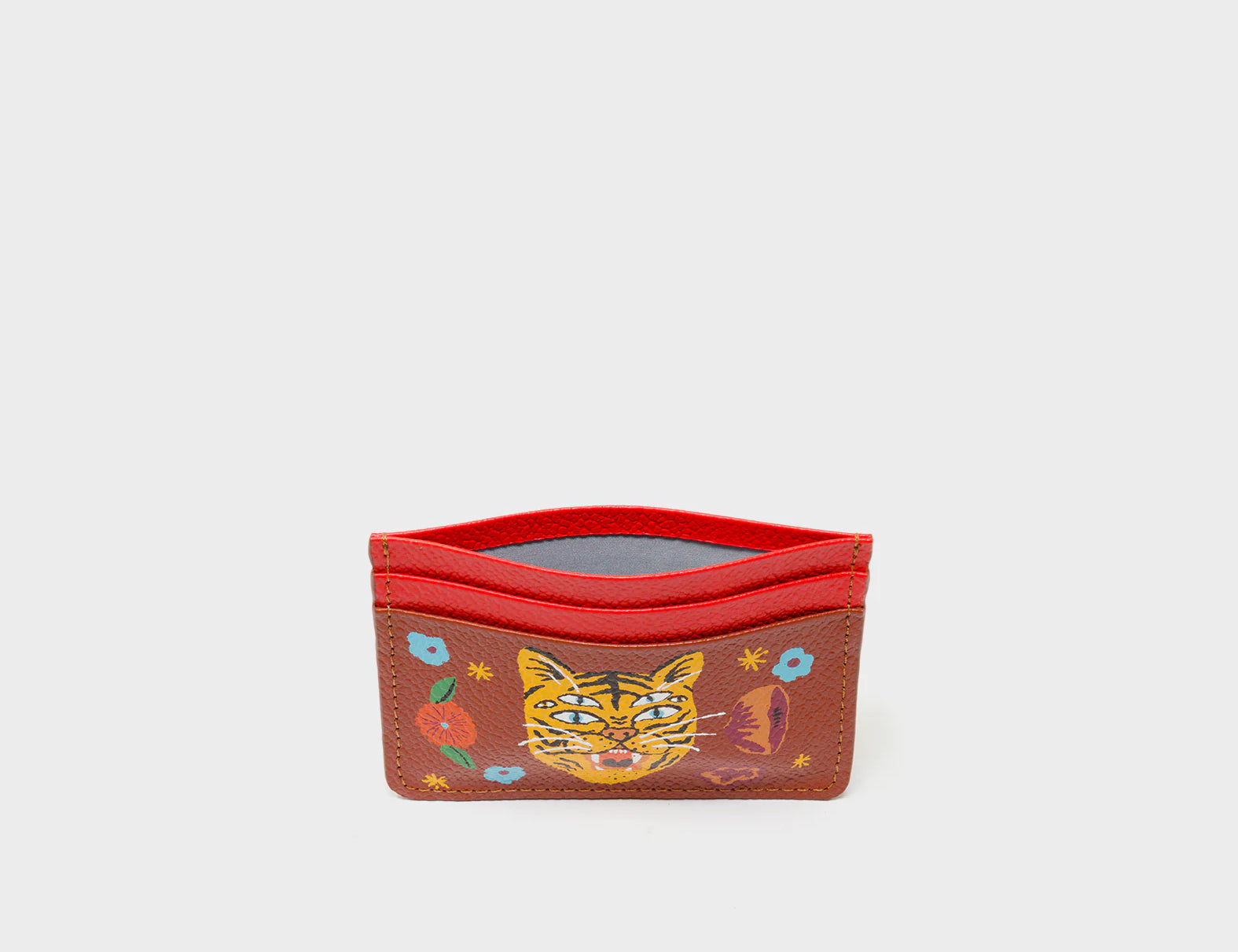 Filium Fiesta Red and Baked City Brown Leather Cardholder - Happy Tiger Print - Inside View