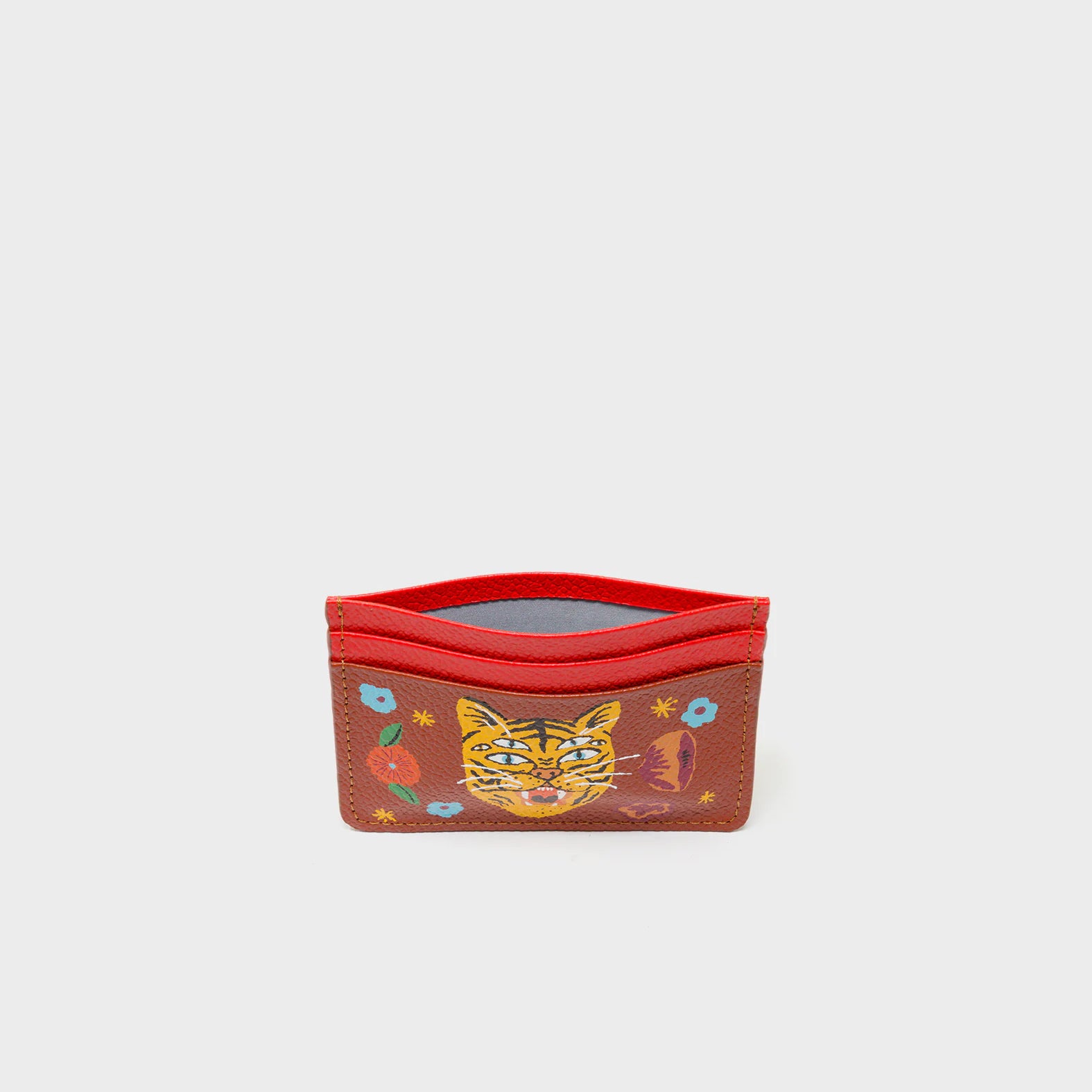 Filium Fiesta Red and Baked City Brown Leather Cardholder - Happy Tiger Print - Inside View