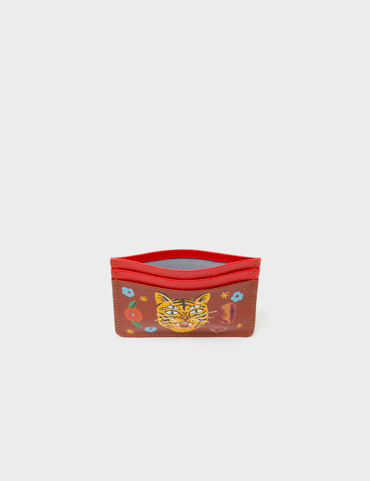Filium Fiesta Red and Baked City Brown Leather Cardholder - Happy Tiger Print - Inside View