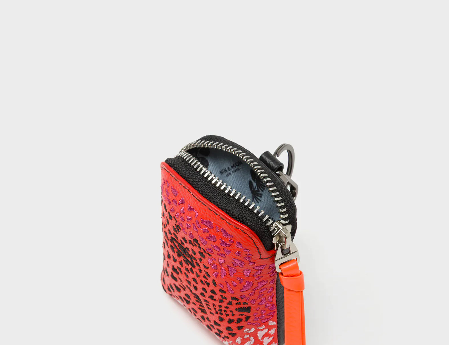 Florence Pouch Charm - Fiesta Red Leather Keychain Retro Tiger Embroidery - Open view