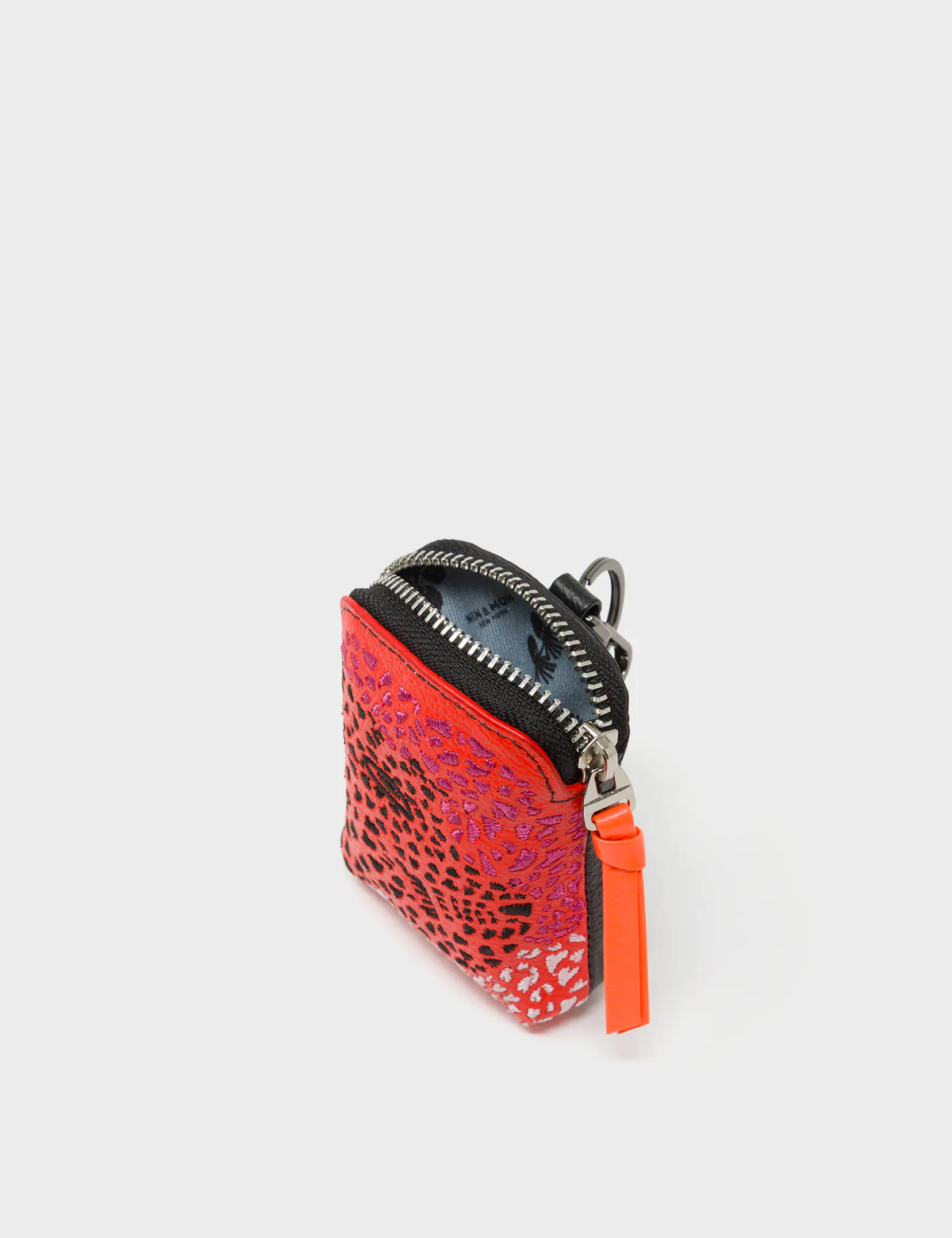 Florence Pouch Charm - Fiesta Red Leather Keychain Retro Tiger Embroidery - Open view