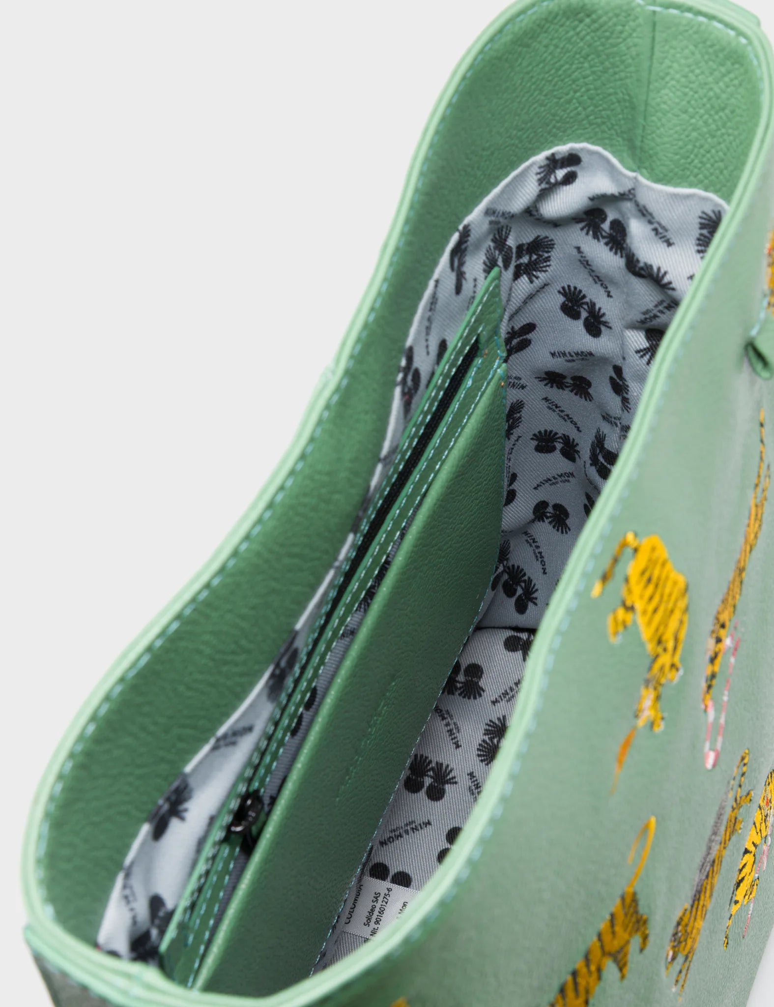 Vincent Basil Green Leather Shoulder Bag - Tigers Pattern - Inside View