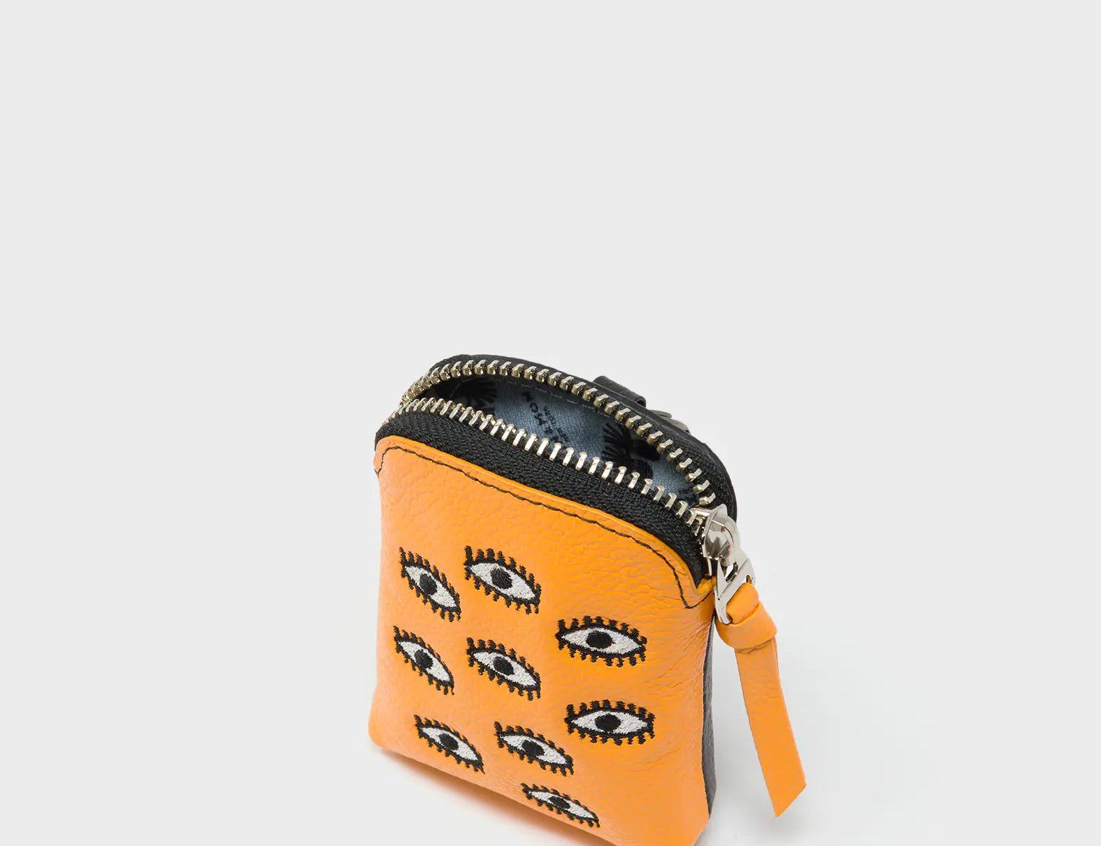 Florence Pouch Charm - Flamingo Orange Leather Keychain All Over Eyes Embroidery - Inside View