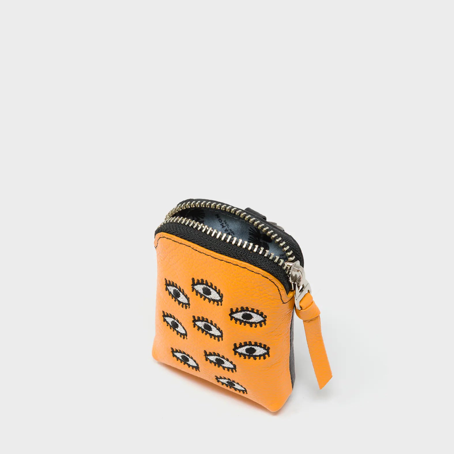 Florence Pouch Charm - Flamingo Orange Leather Keychain All Over Eyes Embroidery - Inside View