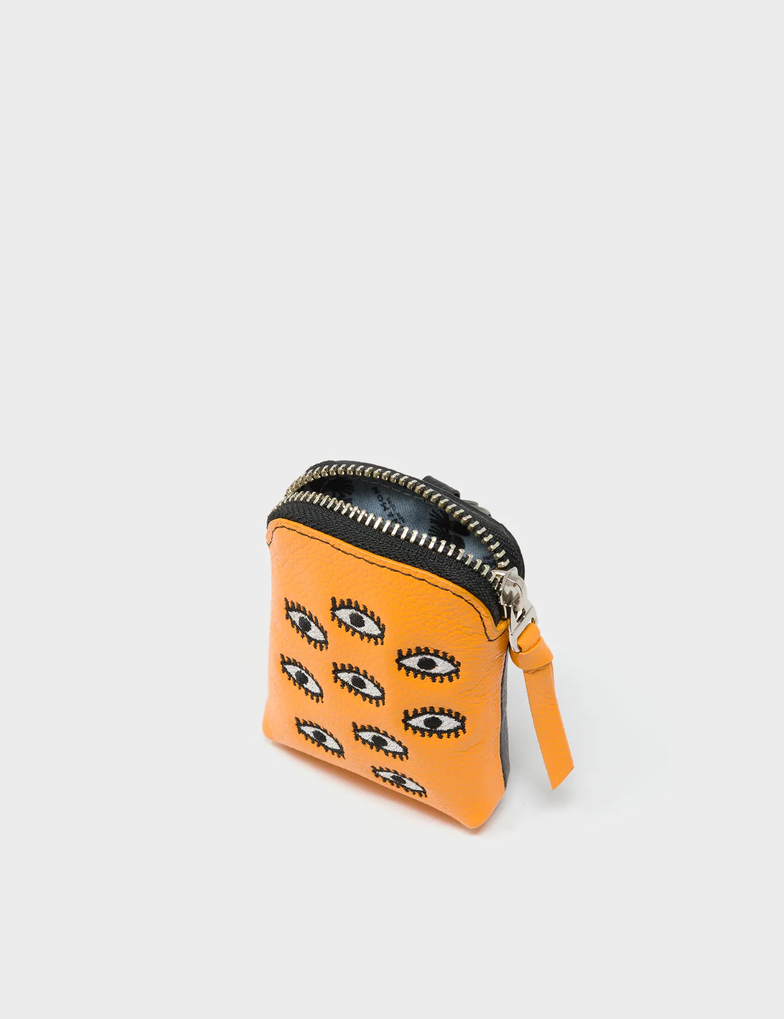 Florence Pouch Charm - Flamingo Orange Leather Keychain All Over Eyes Embroidery - Inside View