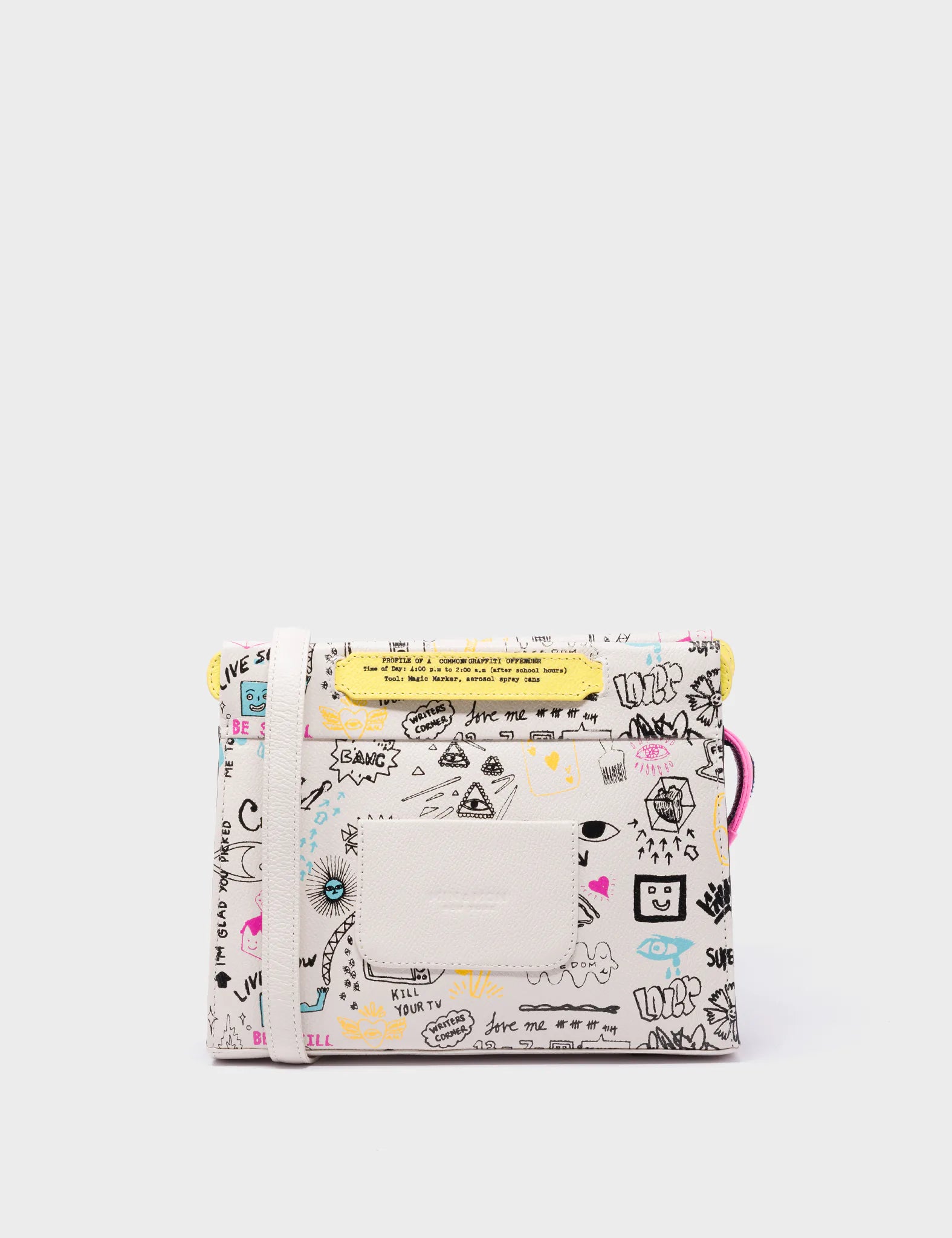 Vali Crossbody Small Cream Leather Bag - Urban Doodles Print and Eyes Applique - Back View