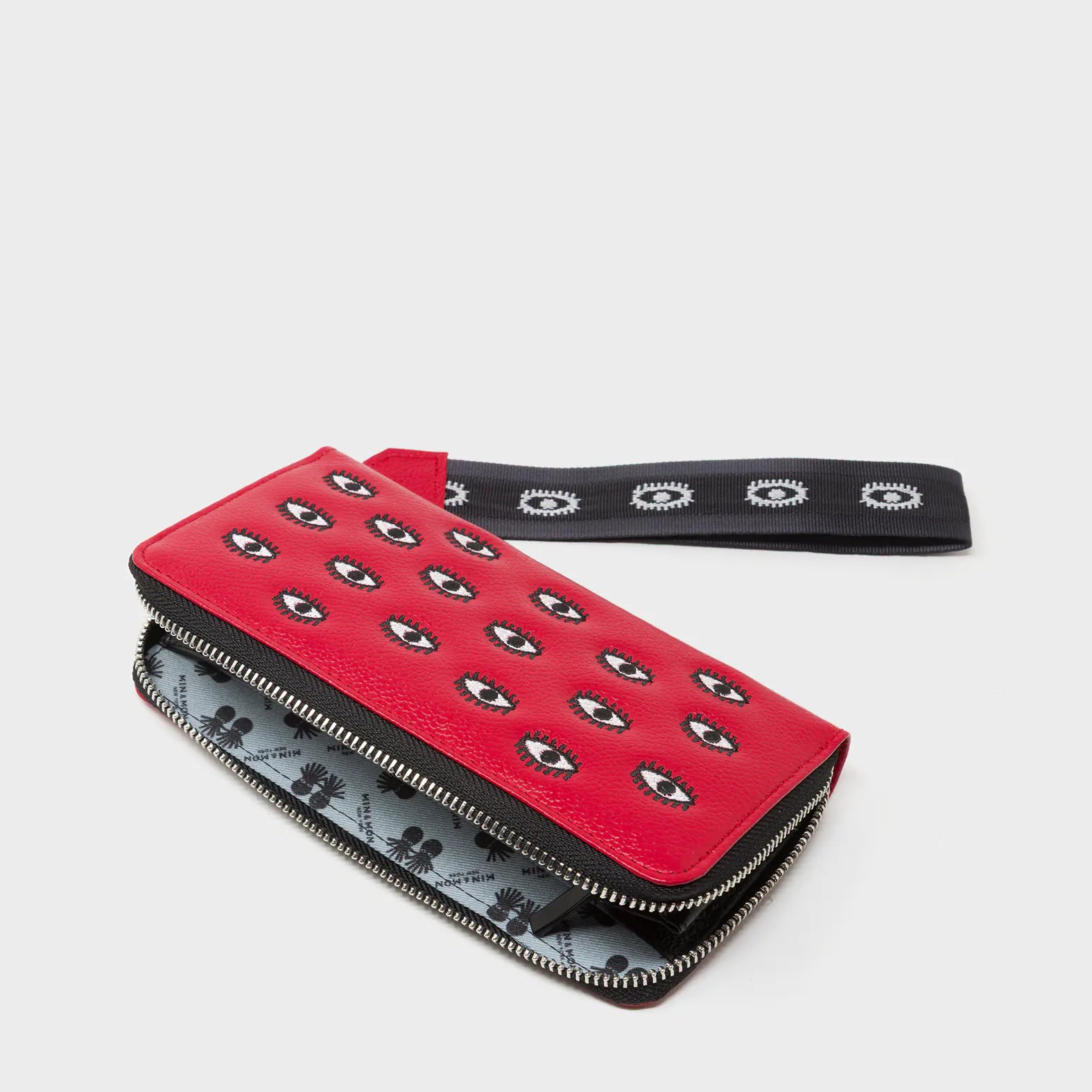 Francis Jester Red Leather Wallet - All Over Eyes Embroidery - Open View
