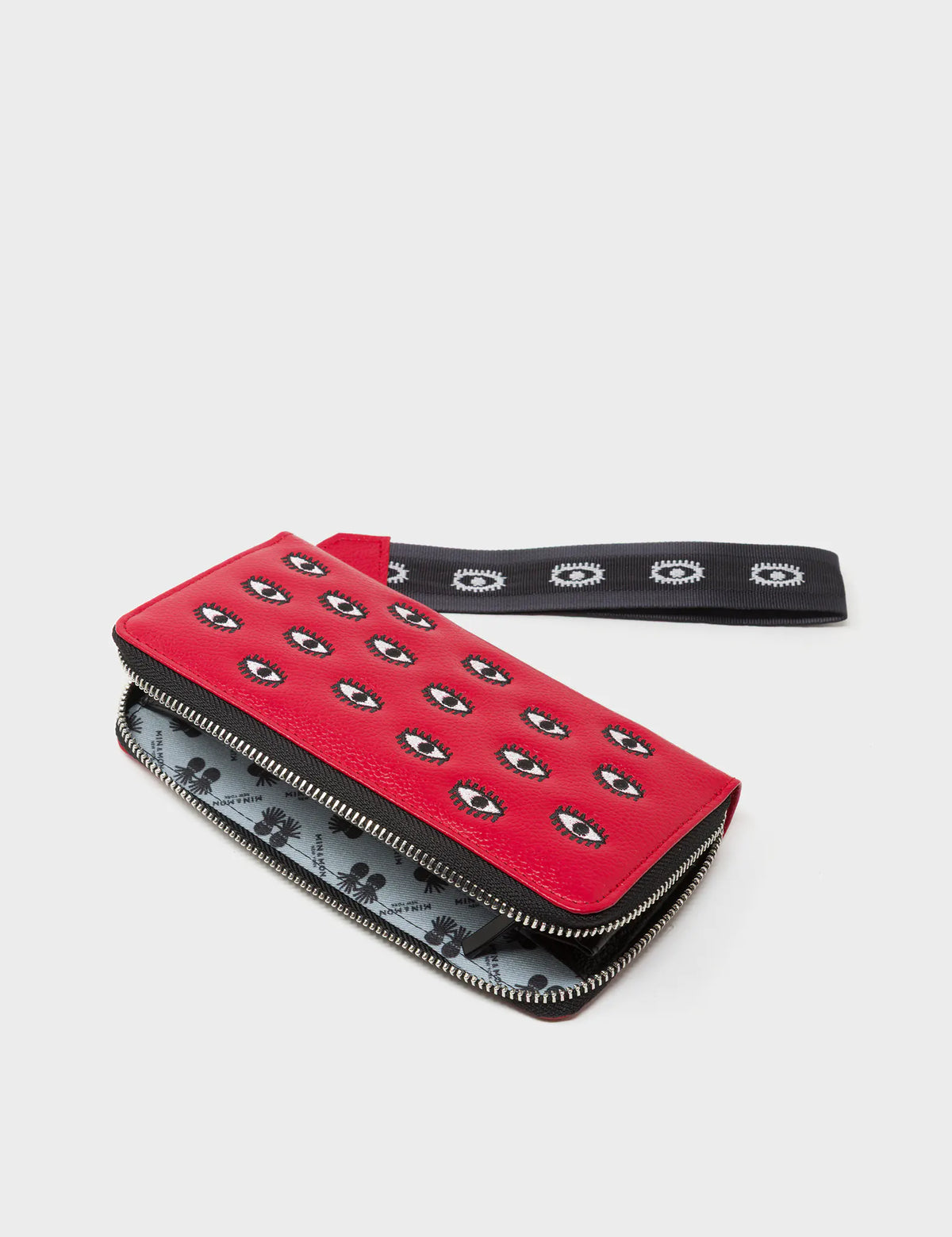 Francis Jester Red Leather Wallet - All Over Eyes Embroidery - Open View