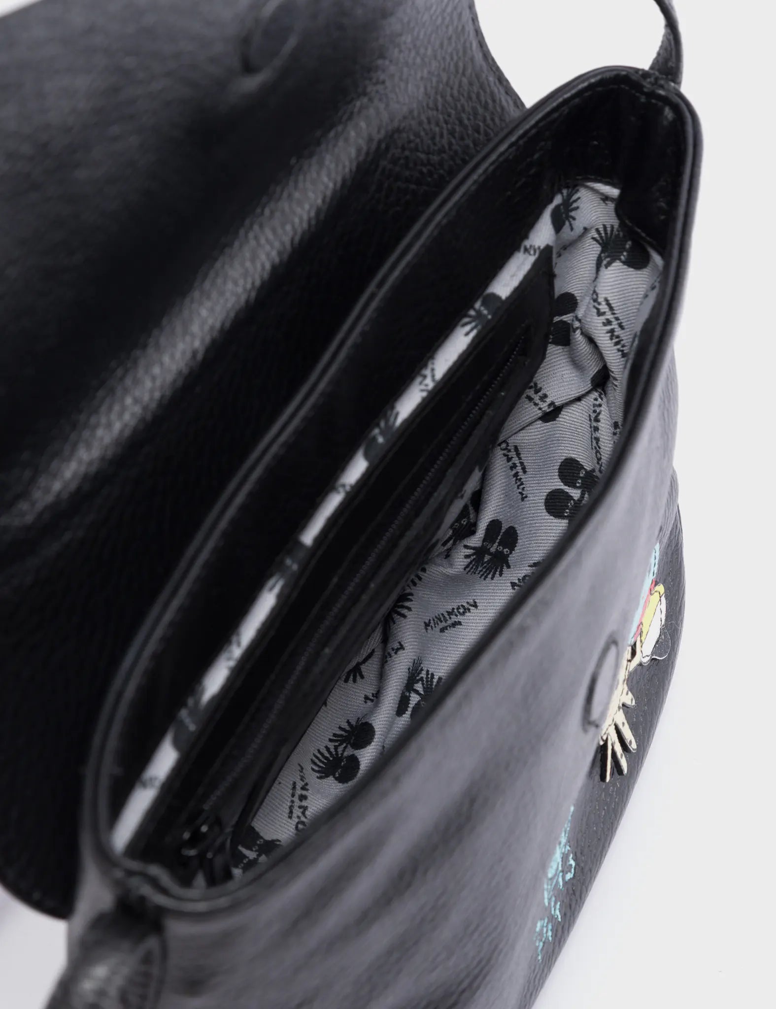 Bruno Mini Crossbody Black Leather Bag - Graffiti Figures Applique - Detail View