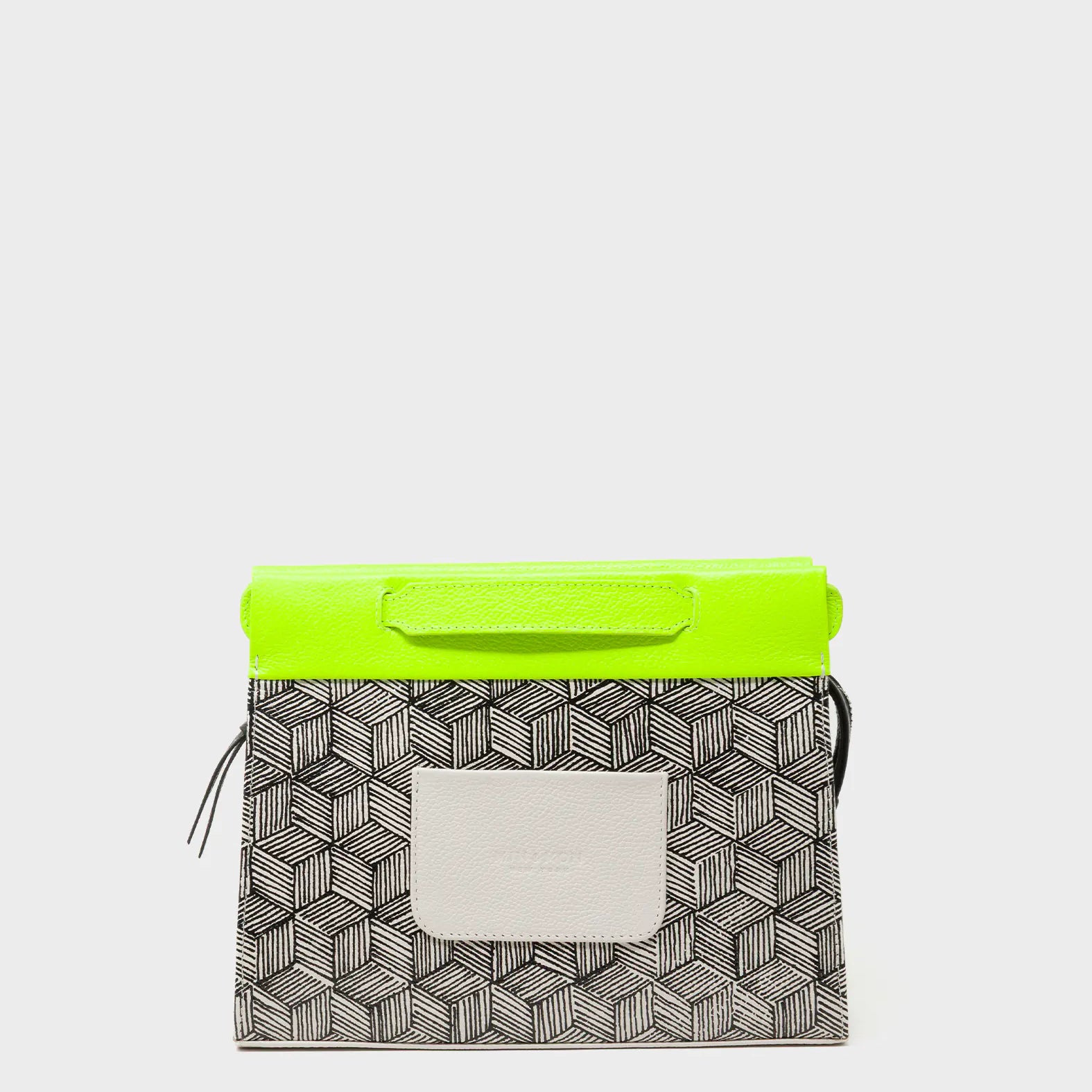 Vali Small Crossbody Cream and Neon Green Leather Bag - Cubes Print - Back View