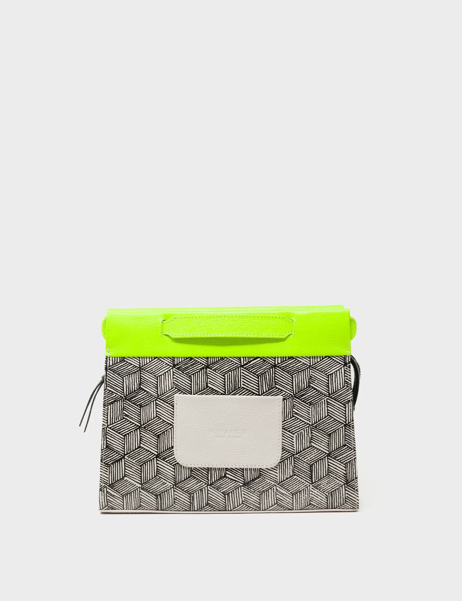 Vali Small Crossbody Cream and Neon Green Leather Bag - Cubes Print - Back View